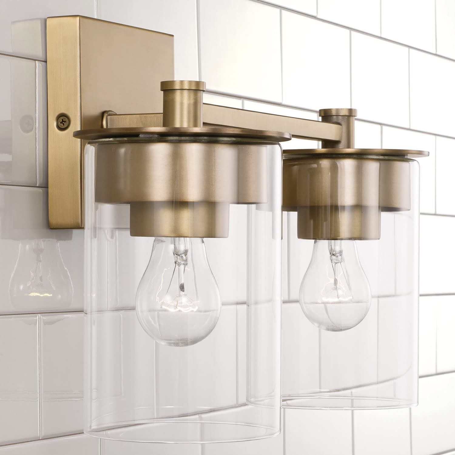 HomePlace Lighting 146821AD-532 Mason Transitional 2-Light Vanity Fixture - Clear Glass Cylinder Shade, Brass Finish, 9