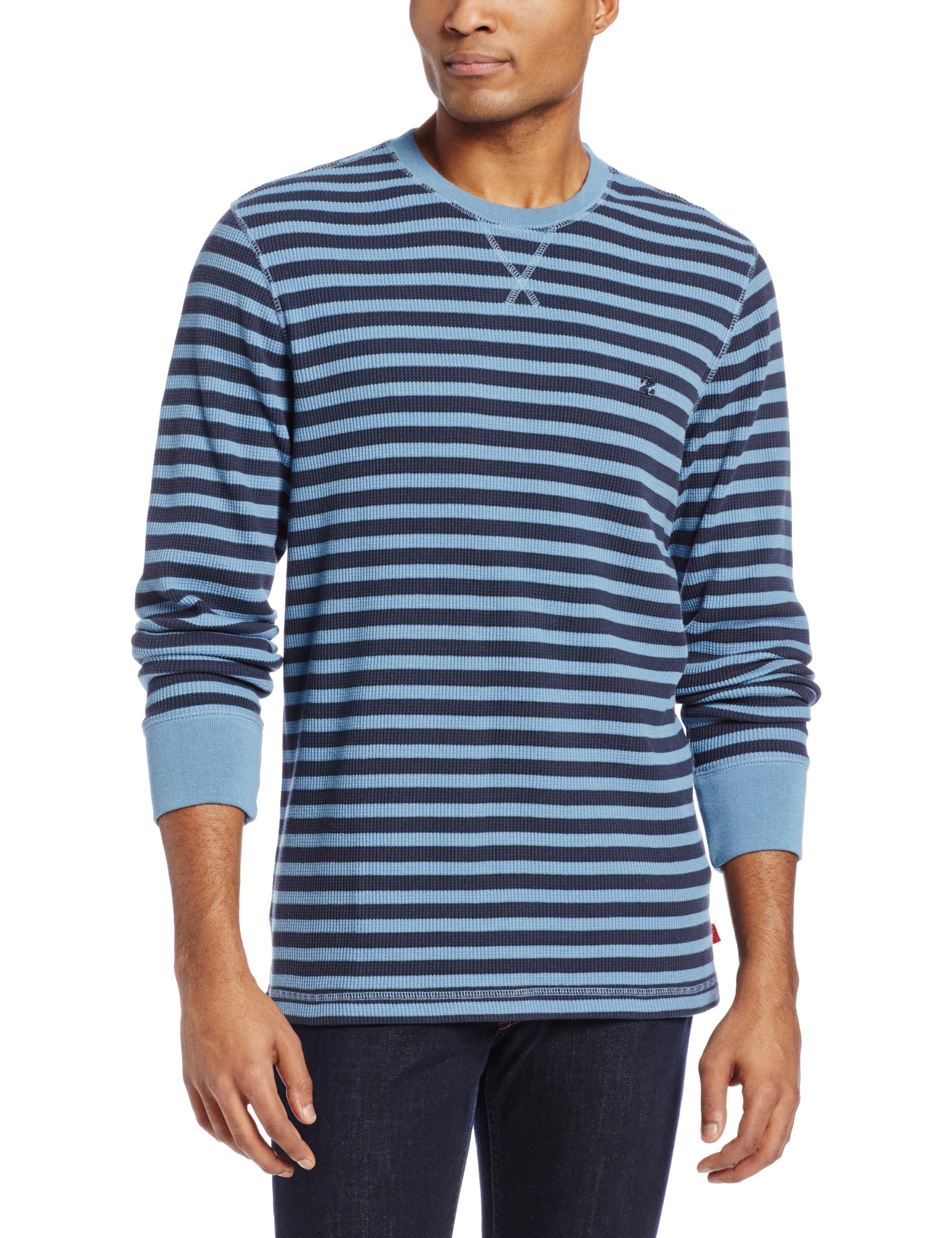 IZOD Men's Striped Waffle Knit Crew Neck Long Sleeve Shirt - Casual Comfort Wear for Work, Weekend & Outdoor Activities