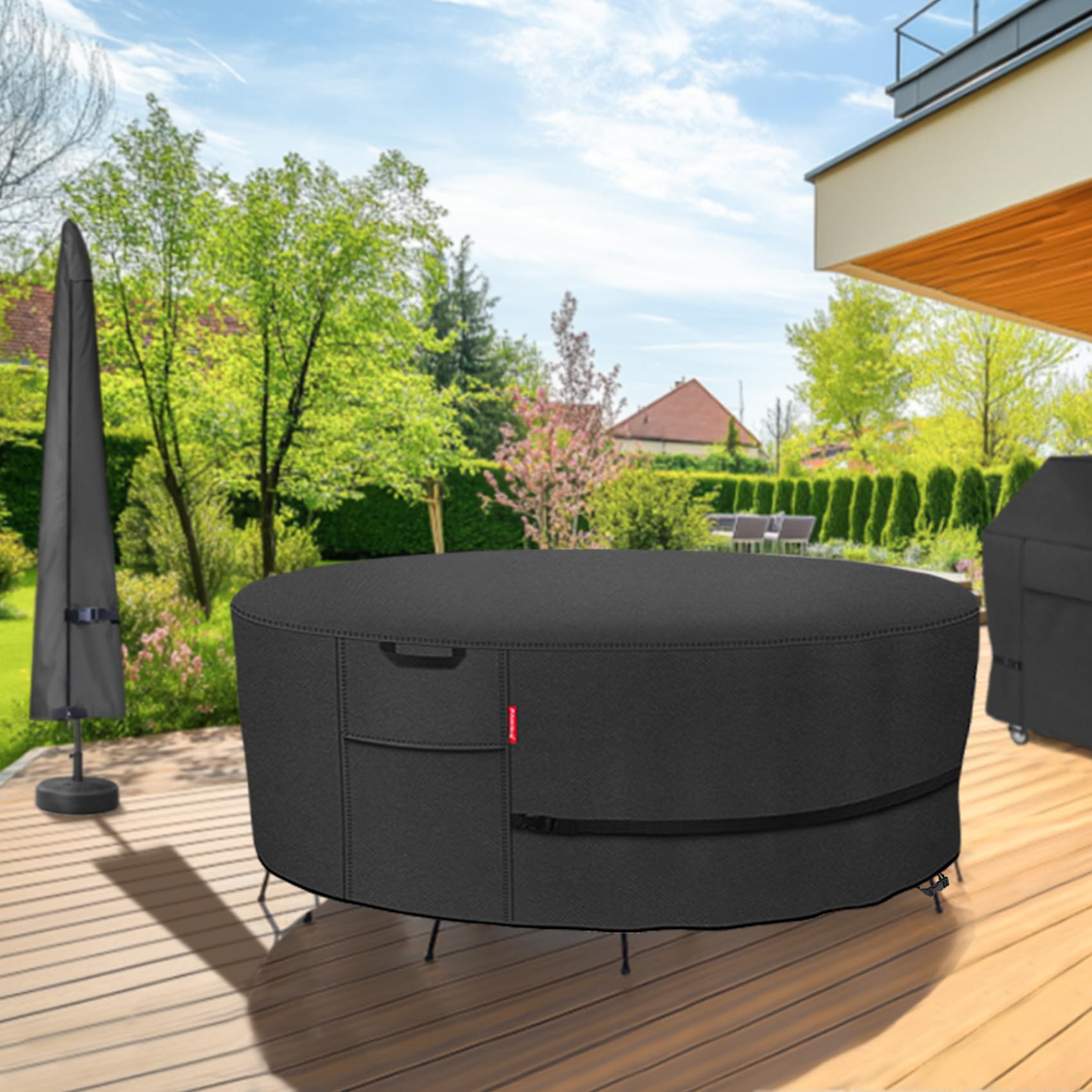 Waterproof 600D Heavy Duty Round Patio Furniture Cover - 96 Inch Outdoor Table and Chairs Protector for Porch, Deck, Garden (Black) | All-Weather Protection for Rain, Snow & UV Rays