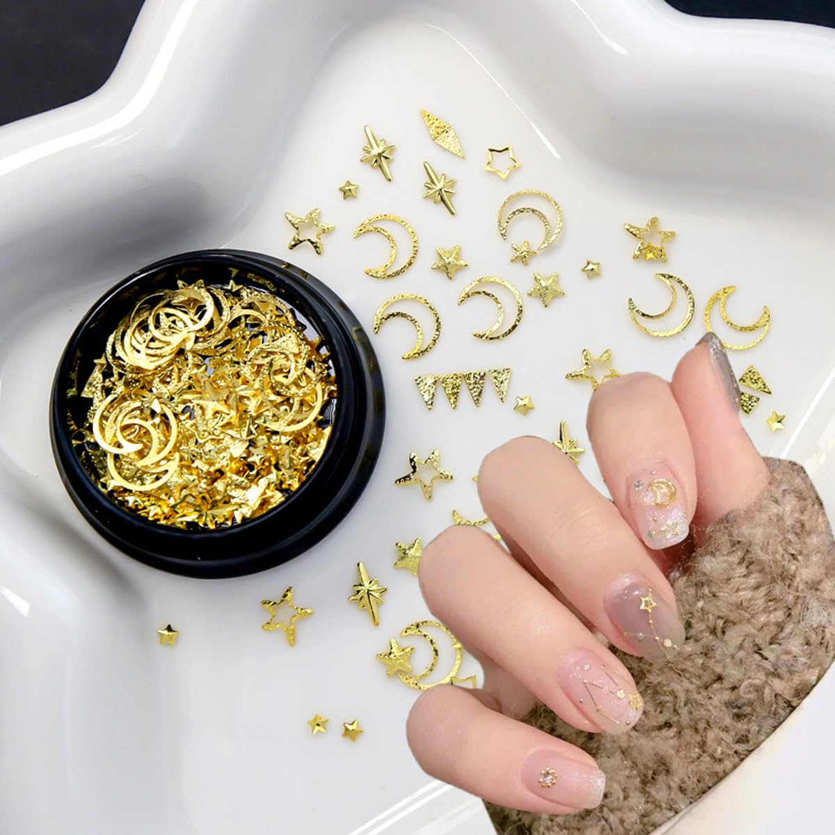 1 Box 3D Gold Nail Charms - Metallic Star & Moon Studs with Rhinestones - Nail Art Decorations for Manicure, Acrylic Nails - Perfect for Women & Girls DIY Nail Art (Great for Parties, Weddings & Special Occasions)
