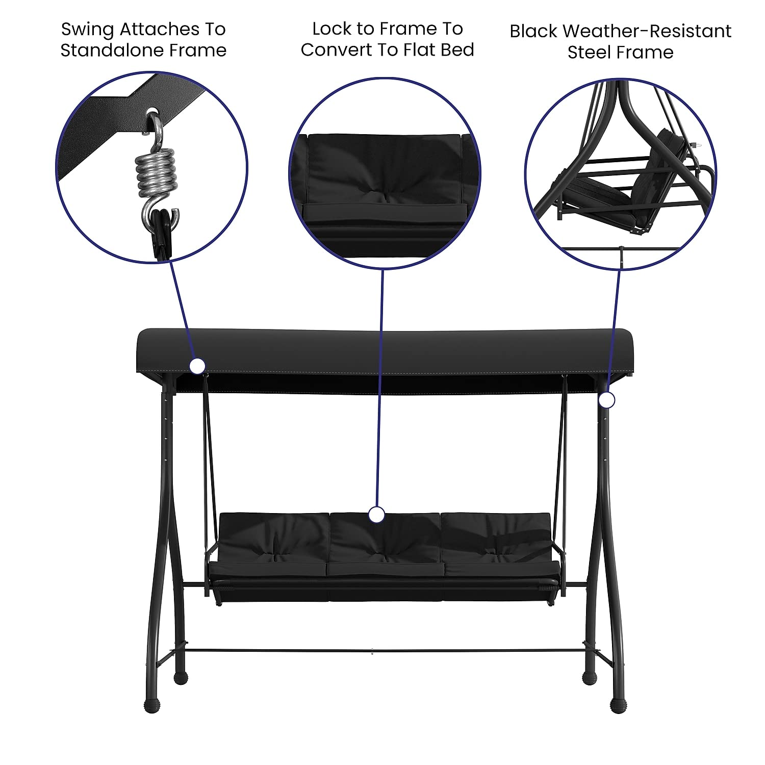 Flash Furniture Tellis 3-Seat Outdoor Steel Patio Swing with Canopy & Cushions - Convertible Hammock Swing Bed for Garden, Backyard, Deck (Black) | Perfect for Relaxing, Lounging & Outdoor Entertaining