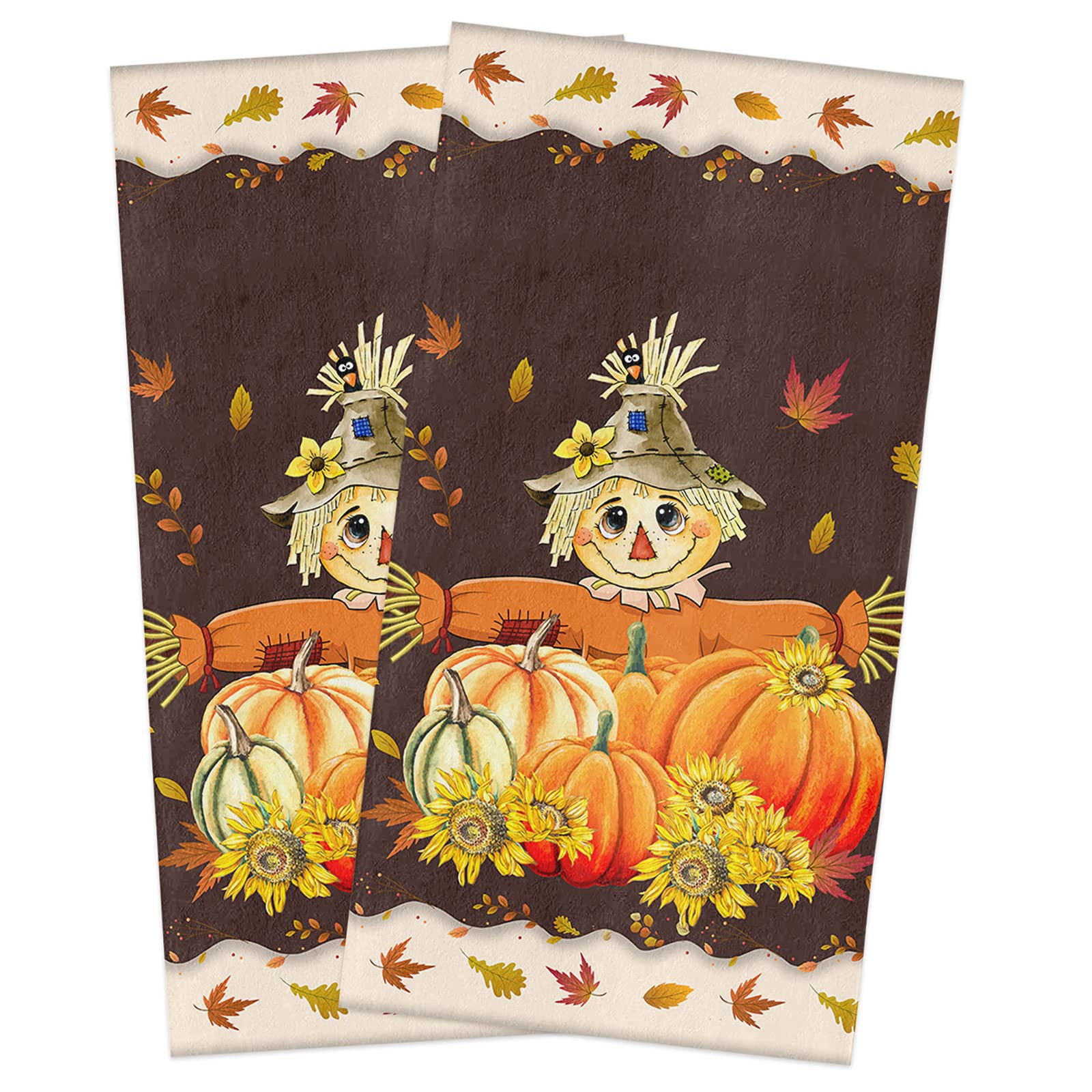 AppleBless Thanksgiving Fall Scarecrow Pumpkin Kitchen Dish Towels Set of 2 - Super Absorbent Soft Dishcloths & Hand Towels with Harvest Leaves Design (18x28 Inch) - Perfect for Kitchen, Bathroom, Bar Cleaning & Holiday Decor