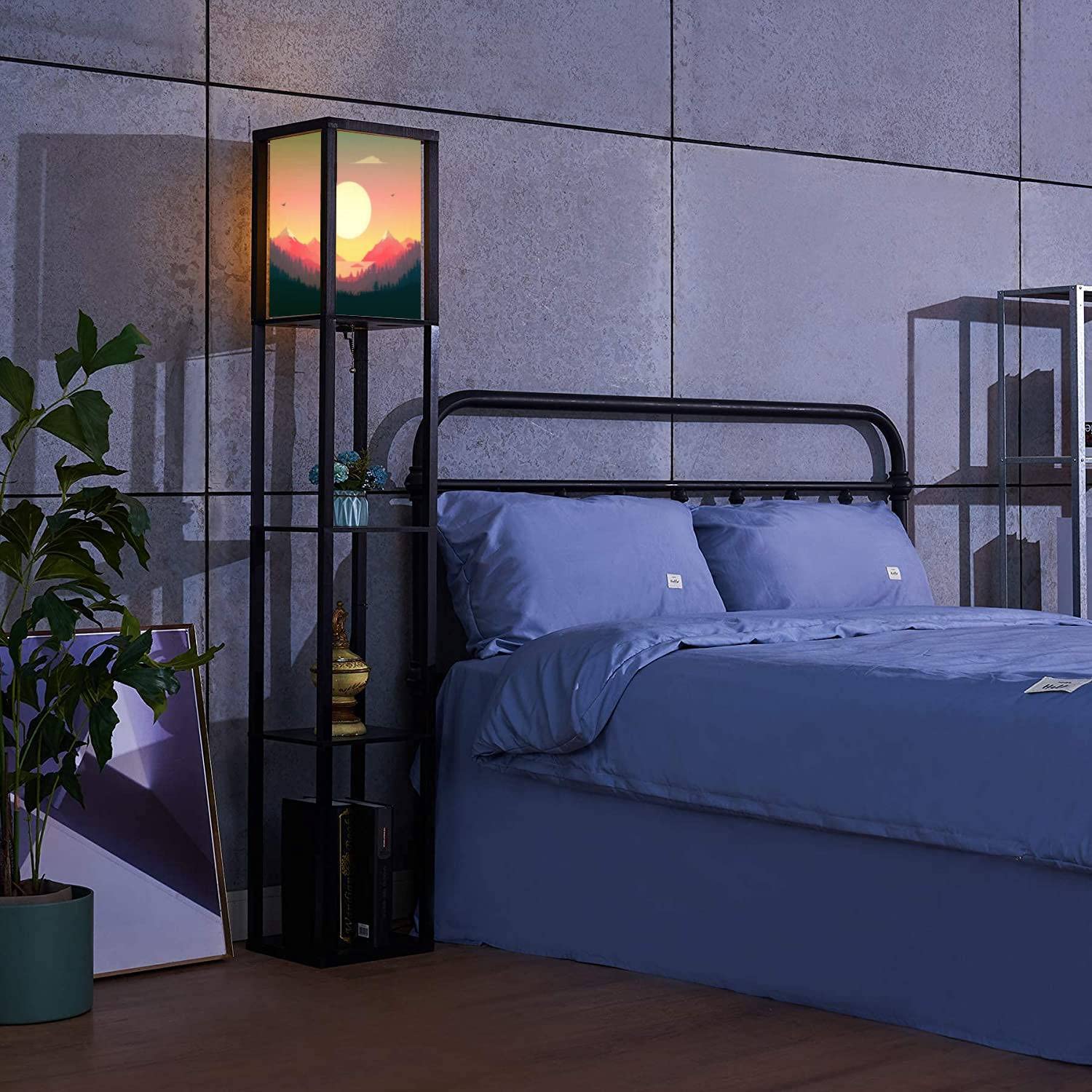 Sunset Stock Standing Floor Lamp with Shelves & Flaxen Fabric Shade - Tall Corner Lamp for Living Room, Bedroom, Office - Perfect for Reading, Relaxation & Aesthetic Home Decor