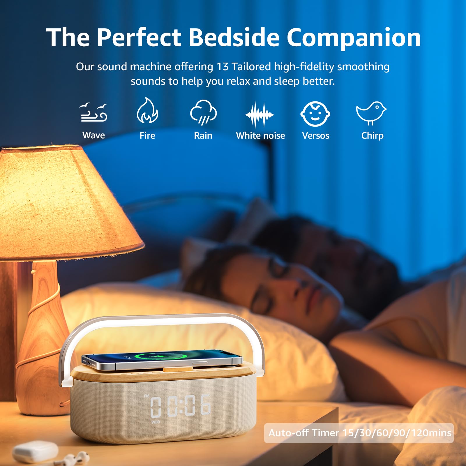 6-in-1 Sound Machine with Alarm Clock | Portable Bluetooth Speaker, Touch Night Light & 10W Fast Wireless Charger | 13 Soothing Sleep Sounds & White Noise Generator | Perfect for Bedroom, Nursery, Office & Travel Gifts