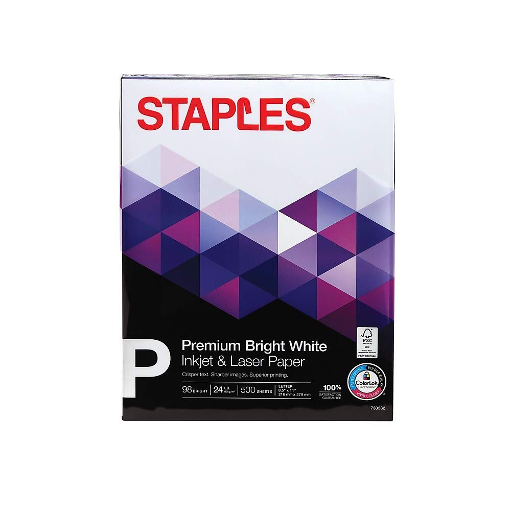 Premium Staples Inkjet Printer Paper - 8.5” x 11” Multipurpose Copy Paper, 24 lbs, 500 Sheets of 98 Brightness - FSC & Rainforest Alliance Certified, Acid-Free for Longevity - Ideal for Office Documents, School Projects, and Professional Printing