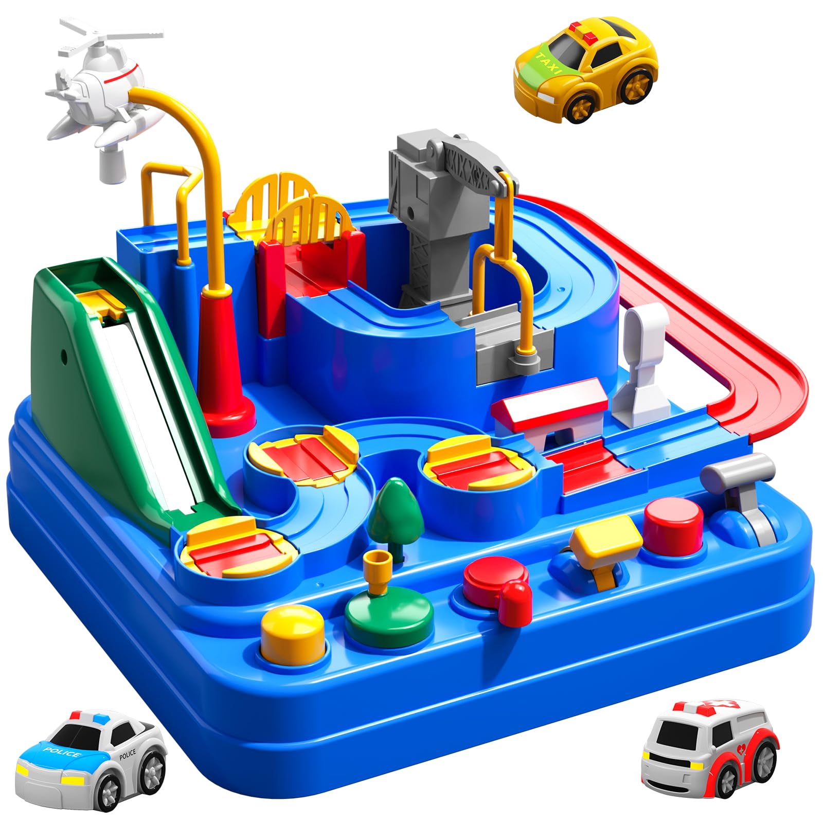 TEMI Boys Toys Car Track Set - 3-in-1 Race Track with Adventure Cars for Kids Ages 3-7 | Interactive City Play Mat & 3 Toy Cars | Perfect Birthday Gift for Boys & Girls | Indoor Play & STEM Learning Toy