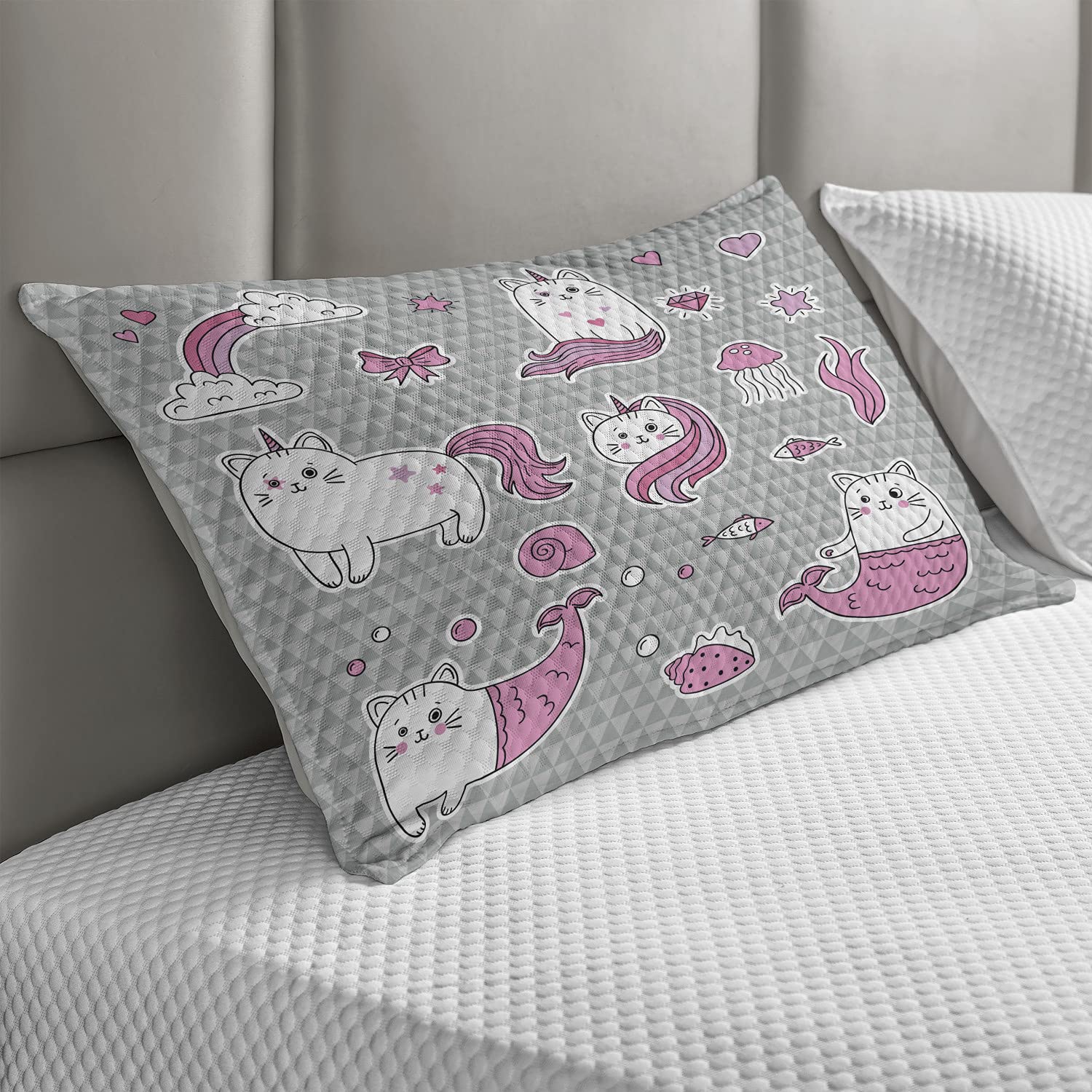 Ambesonne Unicorn Cat Quilted Pillow Cover - 30x20 Inch Standard Queen Size Decorative Pillowcase with Underwater Fantasy Design (Grey, Pale Pink, White) - Perfect for Bedroom Decor, Living Room Accent, and Gift Giving