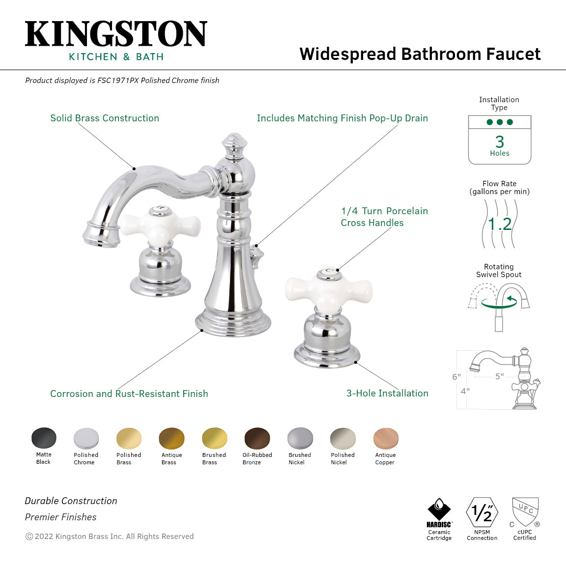 American Classic FSC1972PX 3-Hole Widespread Bathroom Faucet with Pop-Up Drain - Polished Brass Two Handle Deck Mount - Perfect for Modern Bathroom Renovations & Vanity Upgrades