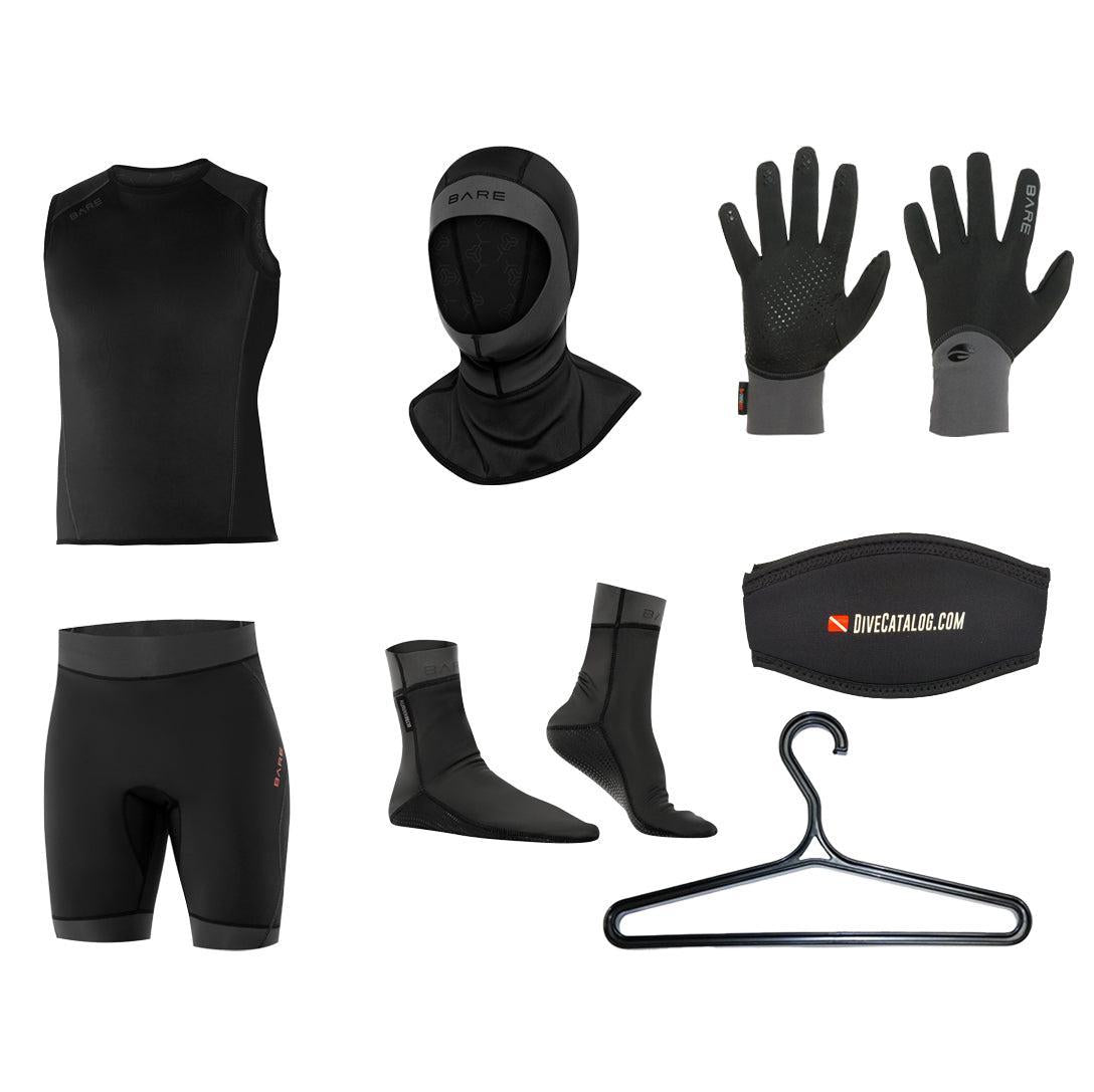 BARE Men's Exowear Vest, Shorts, Hood, Gloves & Socks Set with FREE Wetsuit Hanger & Mask Strap - Perfect for Scuba Diving, Snorkeling & Water Sports