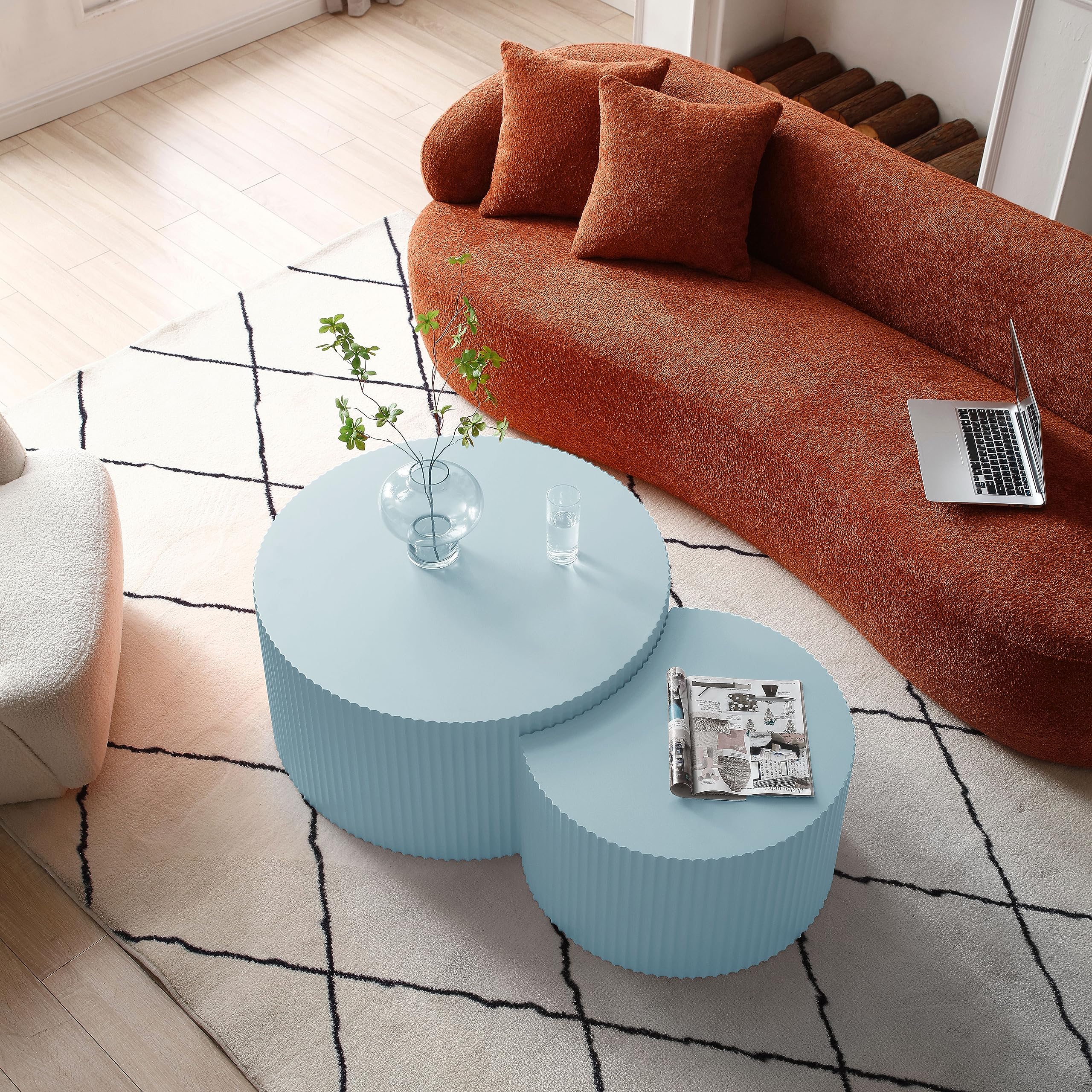 Modern Round Nesting Coffee Table Set of 2 - Unique Wooden Design for Small Spaces, Living Room Furniture - Blue | Perfect for Apartments, Studios & Cozy Home Decor
