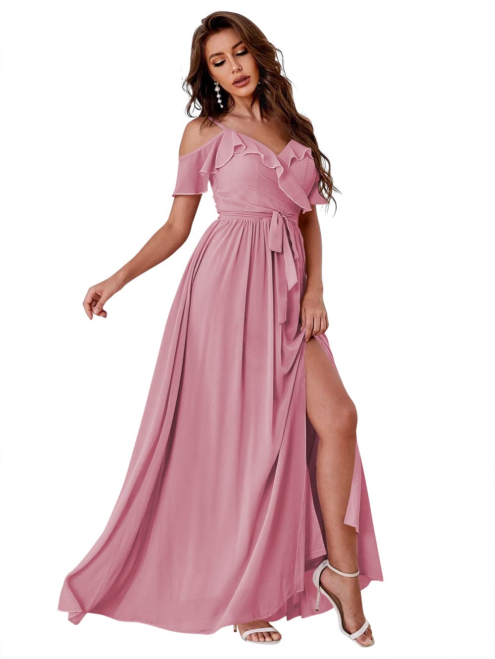SYYS Women's Elegant Cold Shoulder Ruffled Bridesmaid Dress - Long Split Chiffon Formal Gown with Pockets for Wedding, Prom, Evening Party & Special Occasions - Style SYYS342