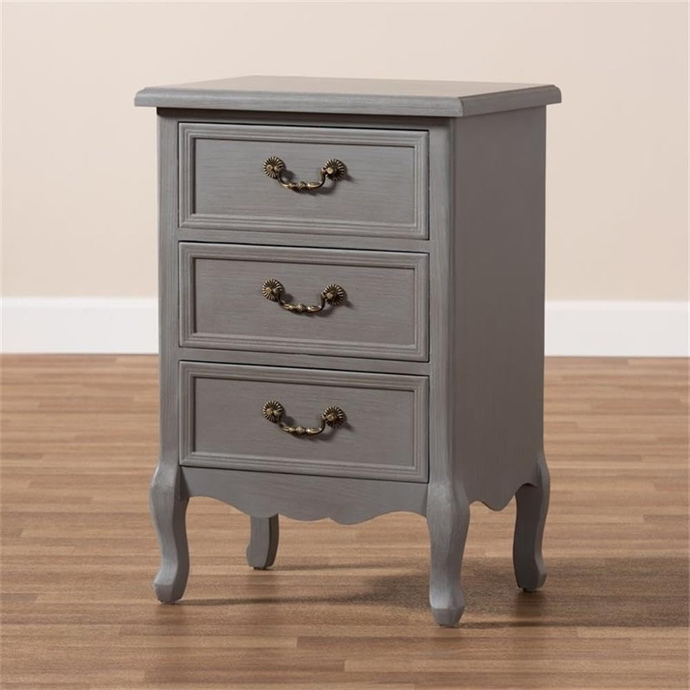 BOWERY HILL French Grey Wood 3-Drawer Nightstand - Modern Bedside Table for Bedroom, Living Room & Guest Room Storage