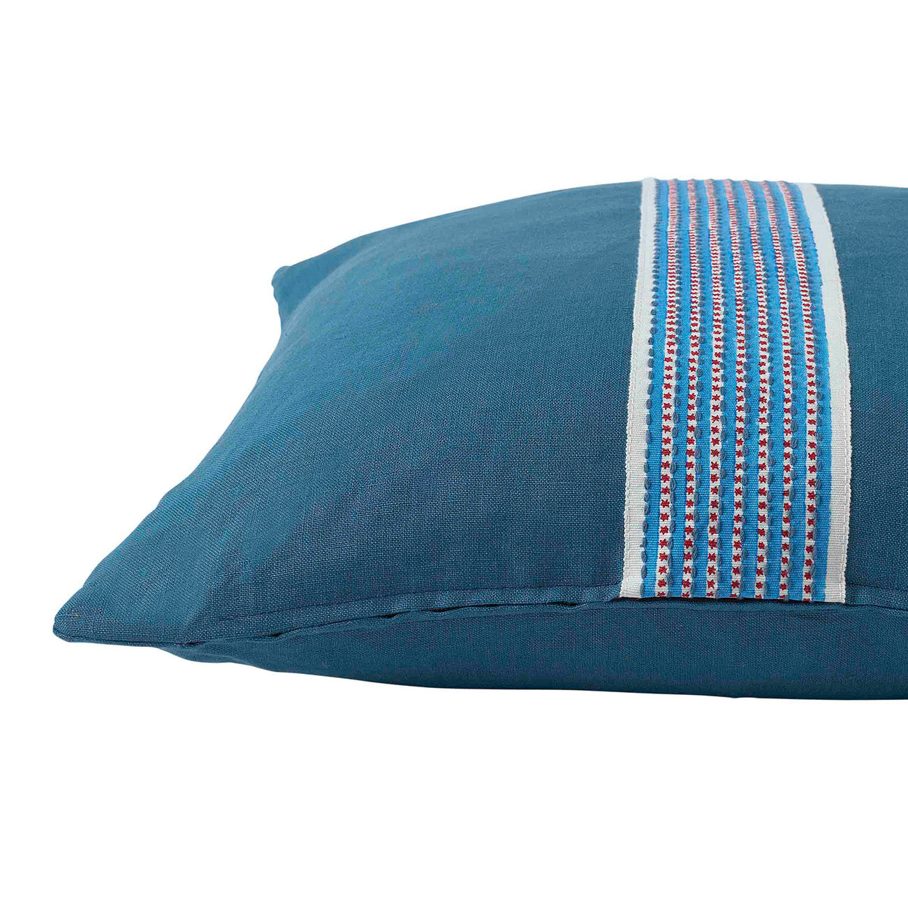Dark Blue Linen Cushion Cover with Stripe & Dot Pattern - Blue/Red Tape Trim - Perfect for Sofa, Bed, and Home Decor
