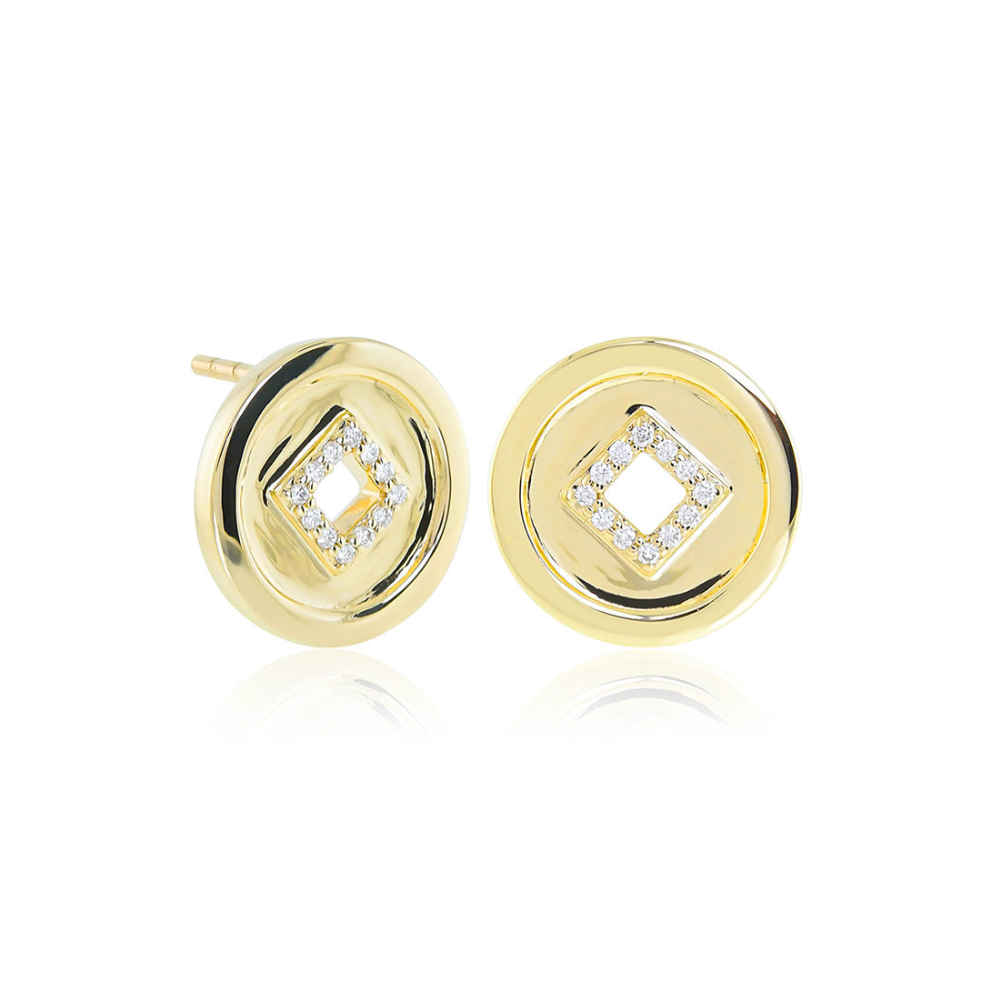 Lucky Coin & Diamond Stud Earrings for Women - 14K Gold Plated Fashion Jewelry - Perfect for Parties, Weddings & Everyday Wear