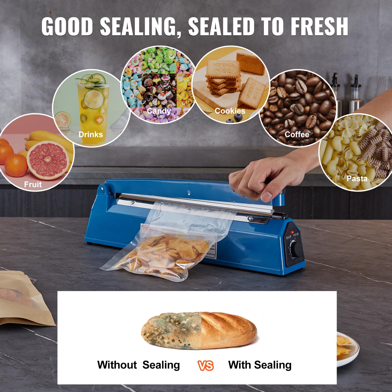 VEVOR 12 Inch Manual Impulse Sealer - Adjustable Heat Sealing Machine for Plastic Bags (Mylar, PE, PP) | Portable Shrink Wrap Bag Sealer with Extra Replacement Kit | Ideal for Food Packaging, Pharmacy, and E-commerce Shipping