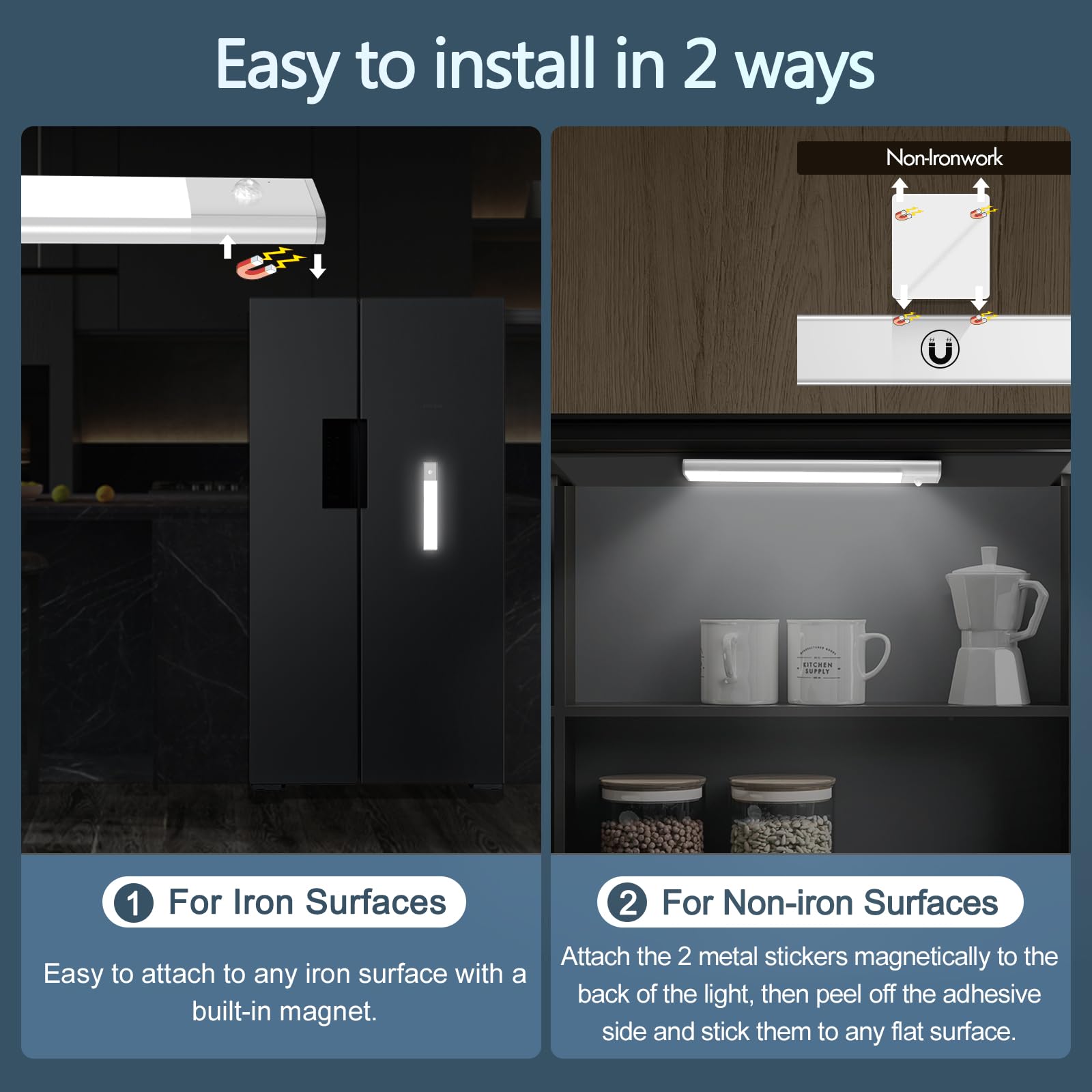 2 Pack Under Cabinet LED Lights with Motion Sensor - 46 LED Wireless Rechargeable Battery Operated Light Strips for Kitchen, Wardrobe, Closet, Cupboard | Indoor Magnetic Lighting for Easy Installation & Energy Saving