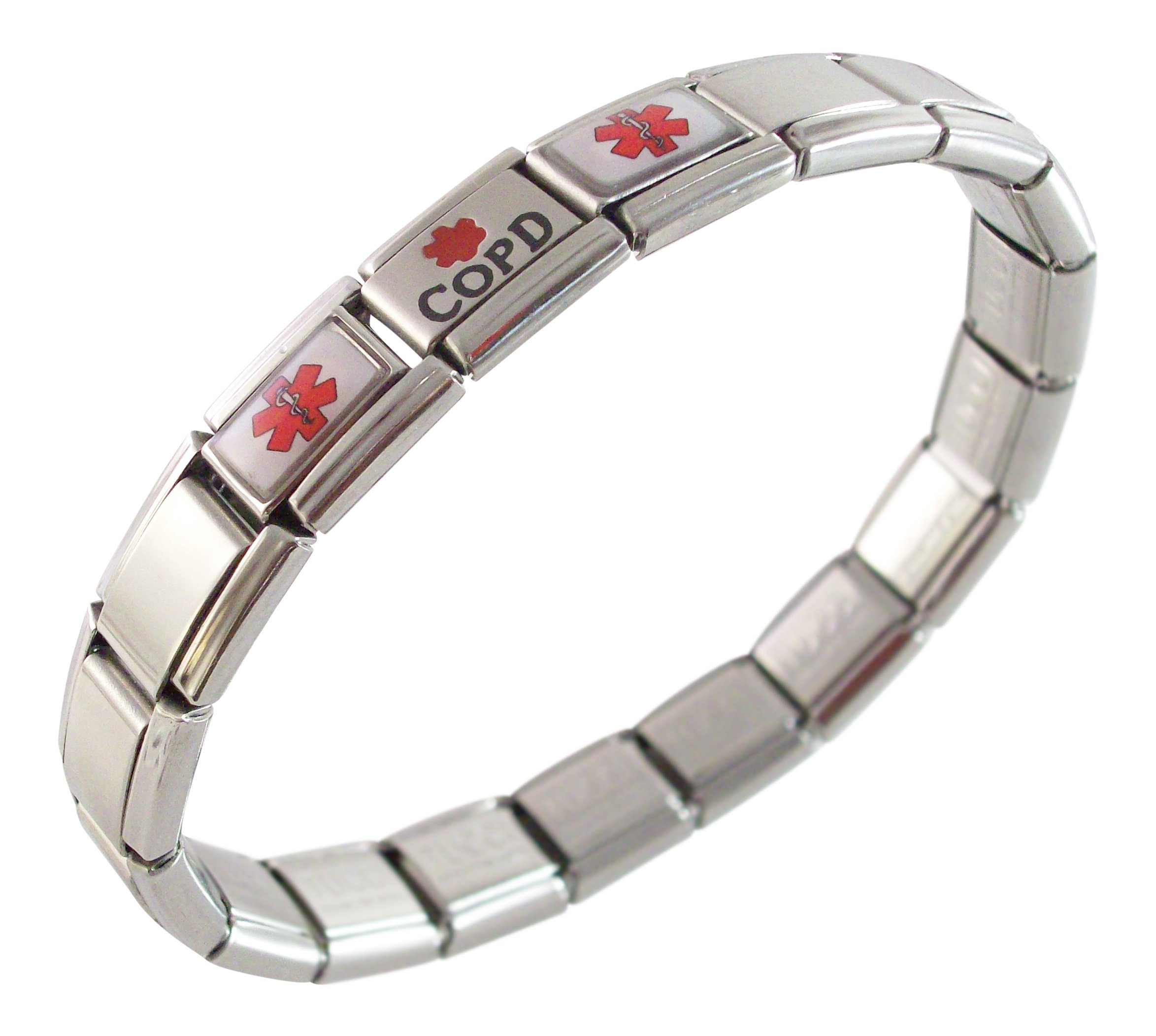 COPD Medical Alert Bracelet - Italian Charm Style Stretchy Stainless Steel ID Bracelet for Emergency Health Information | Perfect for Seniors & Patients with Respiratory Conditions