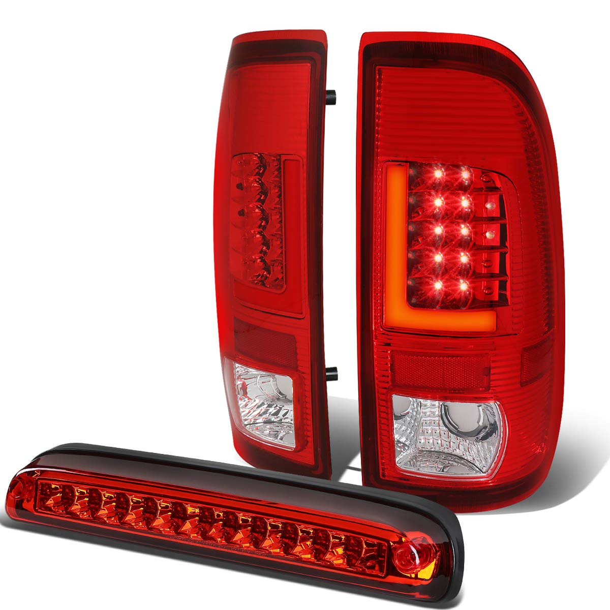 Auto Dynasty 3D LED L-Bar Tail Lights + Third Brake Lamp - Compatible with 1999-2007 Ford Super Duty, Chrome/Red Design - Perfect for Truck Upgrades & Nighttime Safety