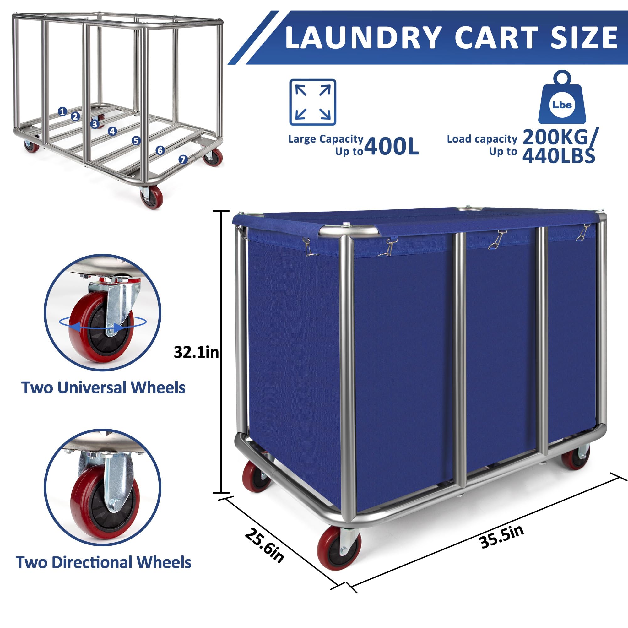 Commercial Laundry Cart with Wheels - 11.35 Bushel Heavy Duty Industrial Laundry Hamper, Stainless Steel Frame & Waterproof Oxford Cloth, 440Lbs Capacity - Perfect for Hotels, Hospitals, Laundromats & Large Facilities
