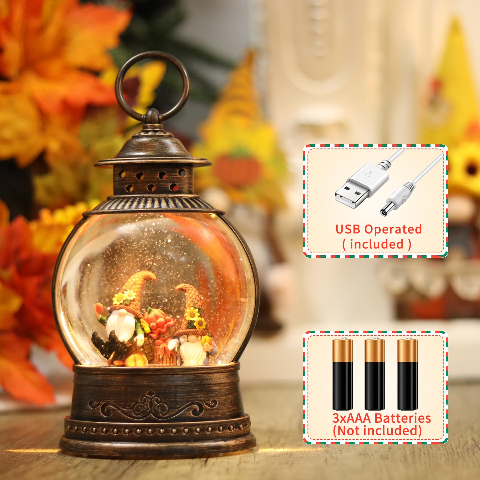 Light Up Thanksgiving Snow Globe with Gnomes - 6H Timer, USB/Battery Powered Fall Decor for Home | Perfect for Table Centerpieces, Mantel Displays & Seasonal Festivities