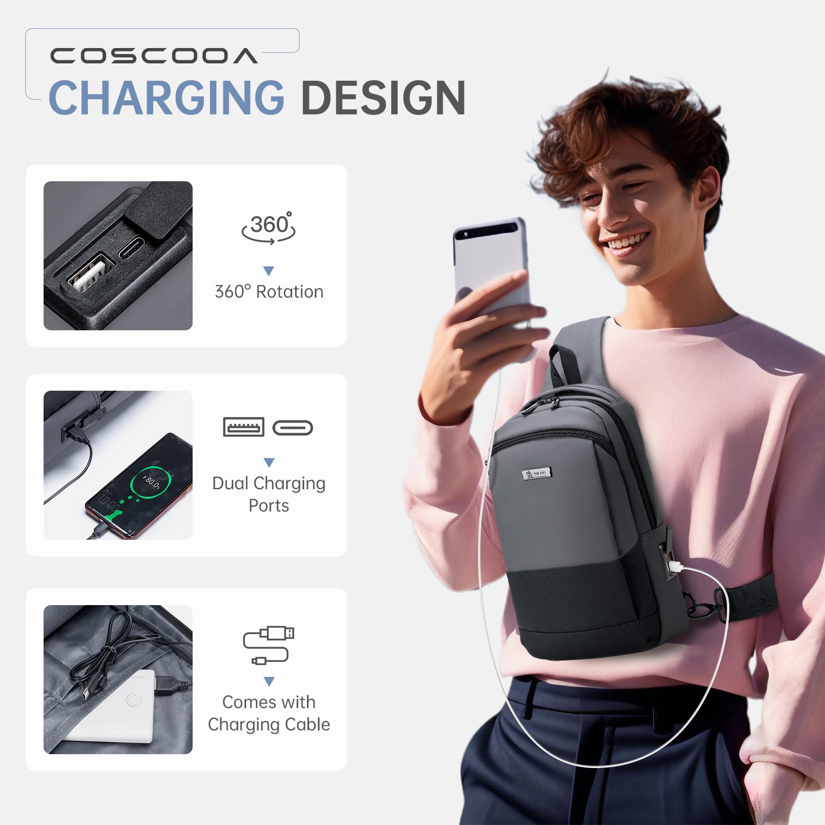 Anti-Theft Sling Bag for Women & Men - Crossbody Chest Backpack with USB Charging Port - PU Leather Shoulder Daypack for Travel, Outdoor, Sports & Casual Use