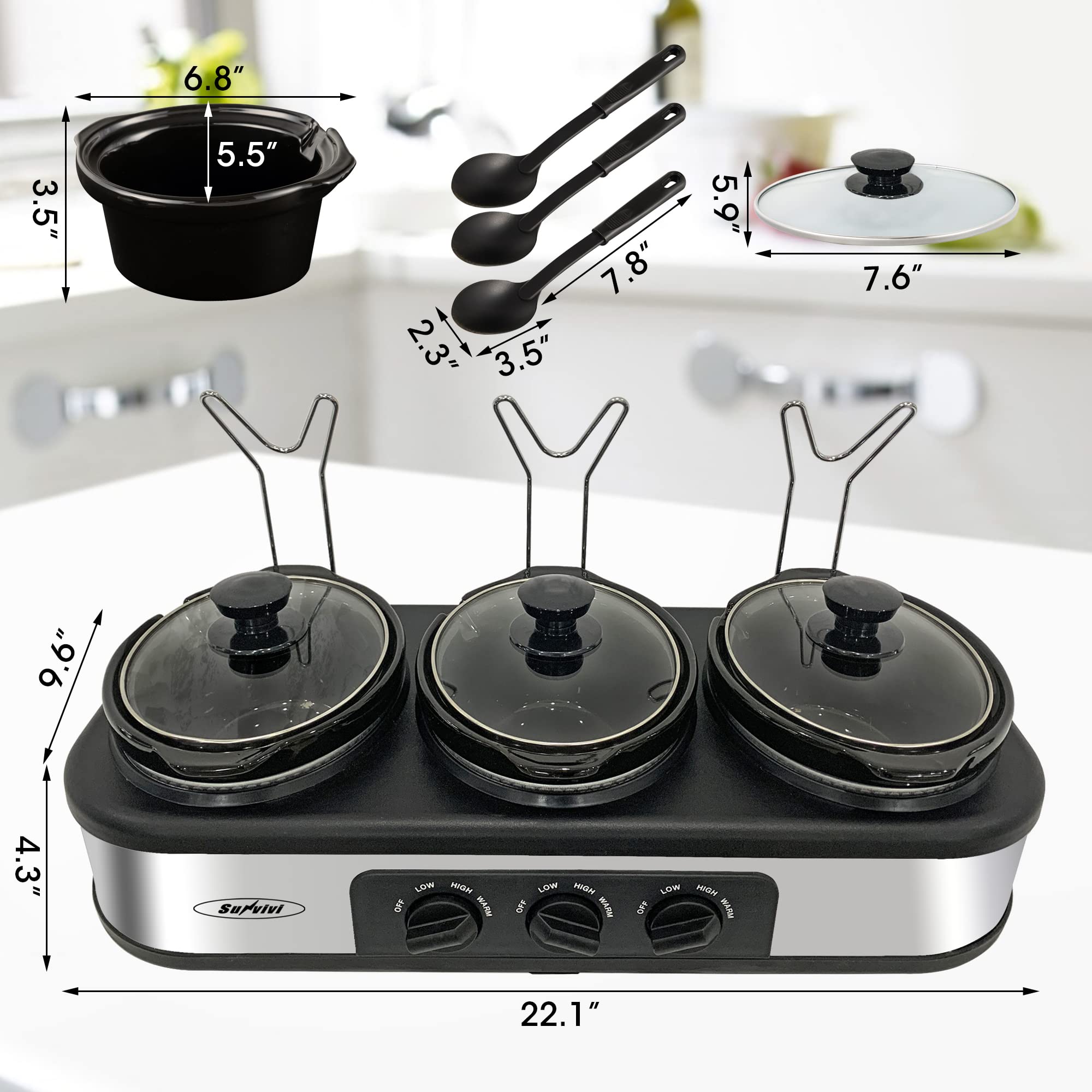 Dual & Triple Slow Cooker Buffet Server - 3-Pot Food Warmer with Adjustable Temperature & Stainless Steel Lid Rests - Perfect for Parties, Catering & Family Gatherings