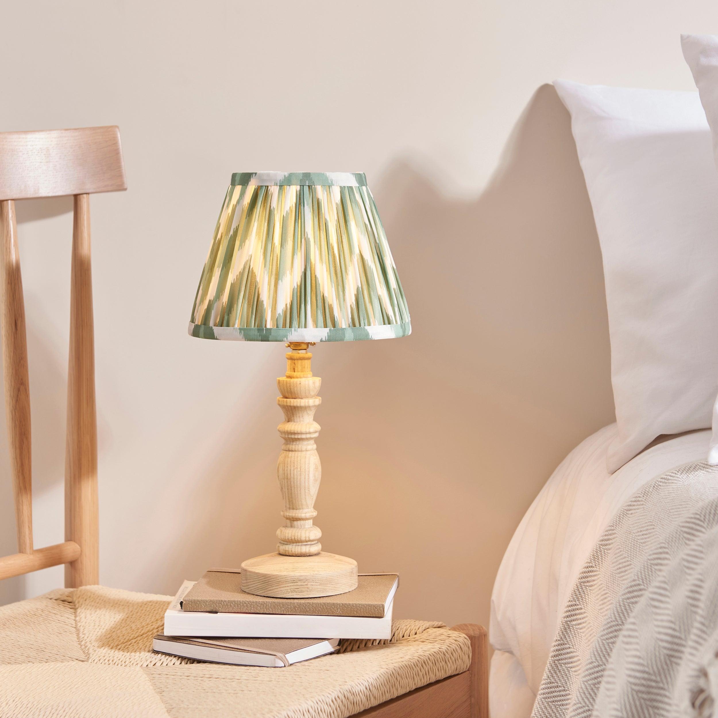 Bibury Wooden Table Lamp with 20cm Zigzag Cotswold Green Shade - Perfect for Bedroom Nightstand, Living Room Side Table & Office Desk Lighting