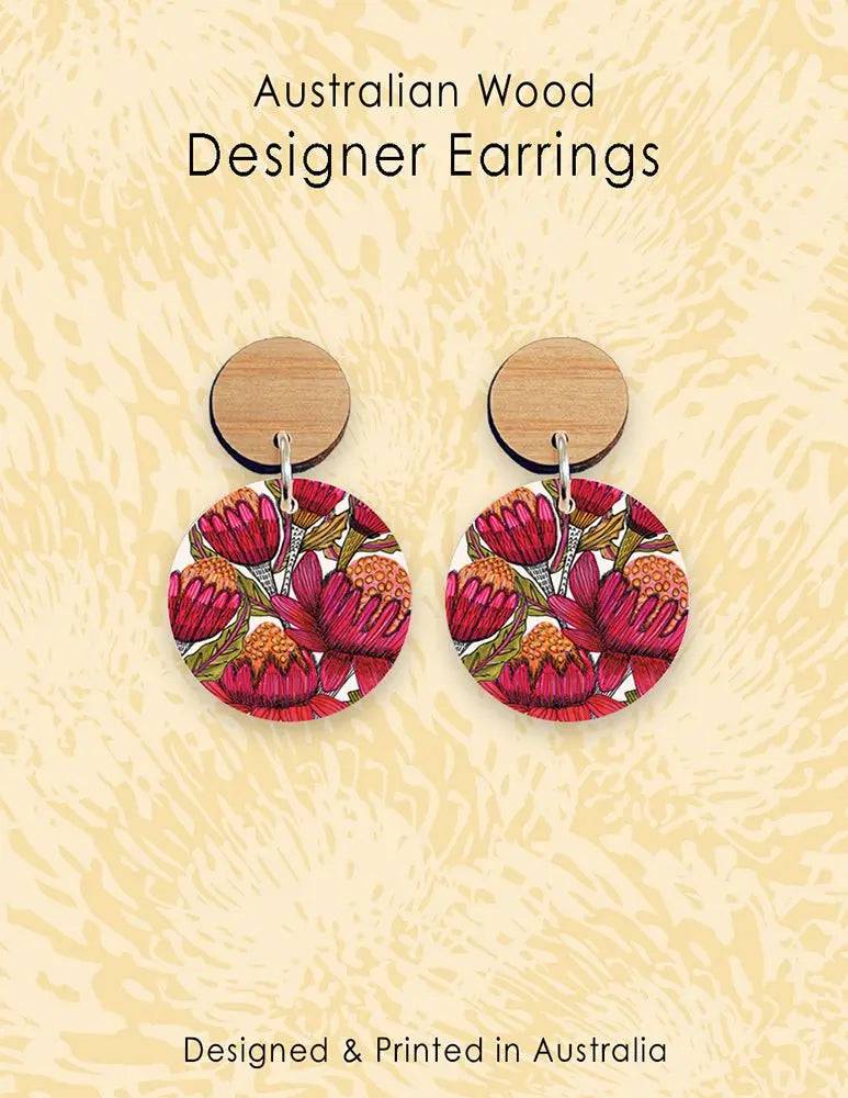Handmade Australian Waratah Flower Wooden Earrings - Unique Boho Dangle Earrings for Women - Perfect for Festivals, Weddings & Everyday Wear