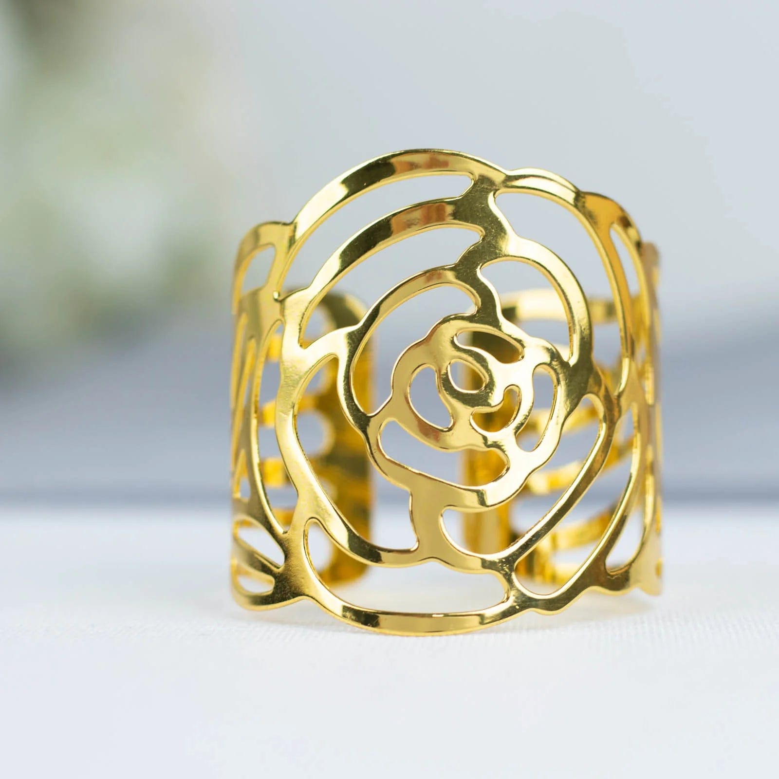 4 Pack Laser Cut Rose Flower Design Decorative Metal Napkin Rings - Gold for Wedding, Party, and Holiday Table Decor