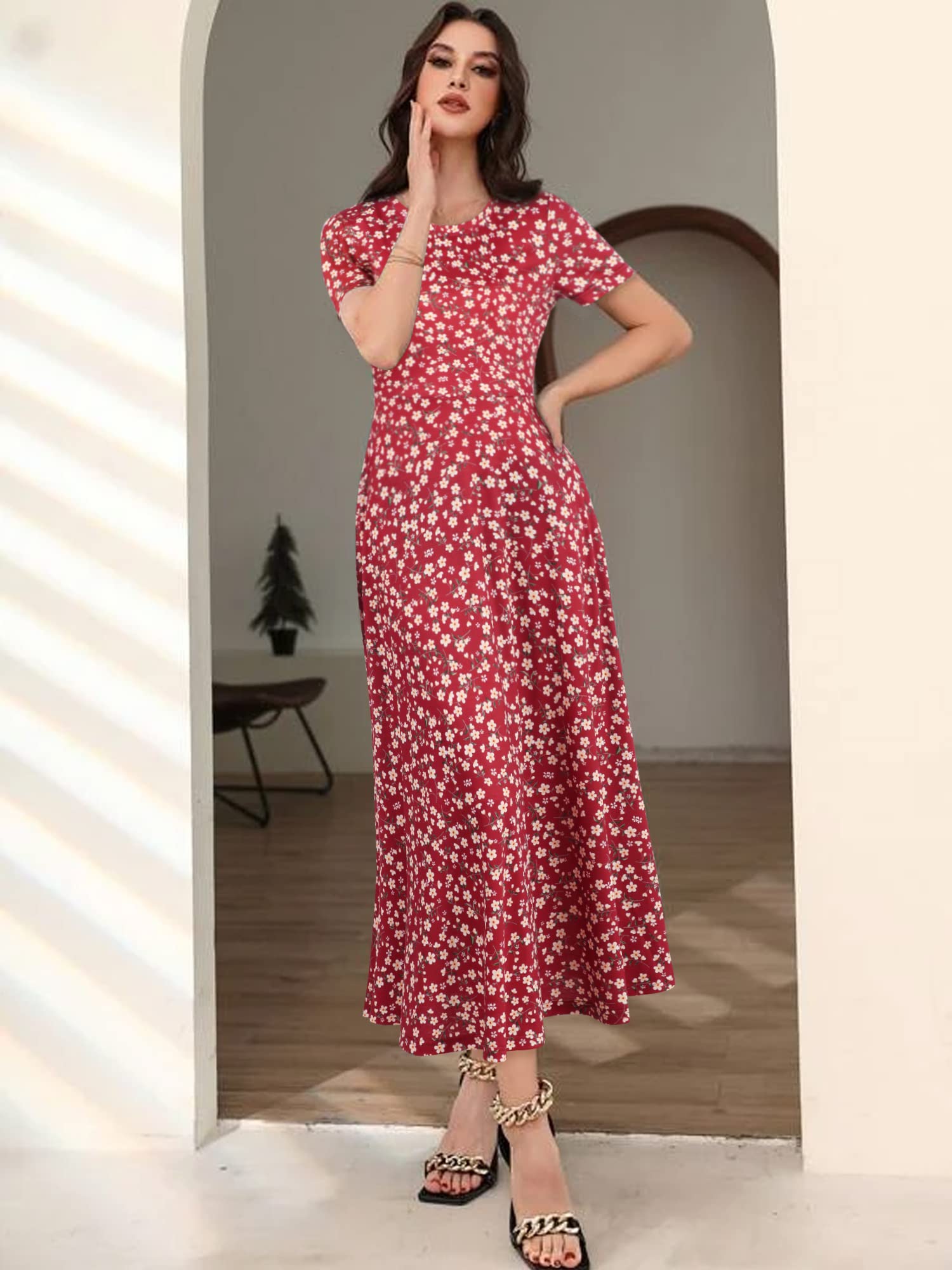 ZABERRY Women's Flowy Maxi Dress with Pockets - Short Sleeve Round Neck Casual Summer Spring Dress 2024 | Beach Vacation, Date Night, Outdoor Party Wear