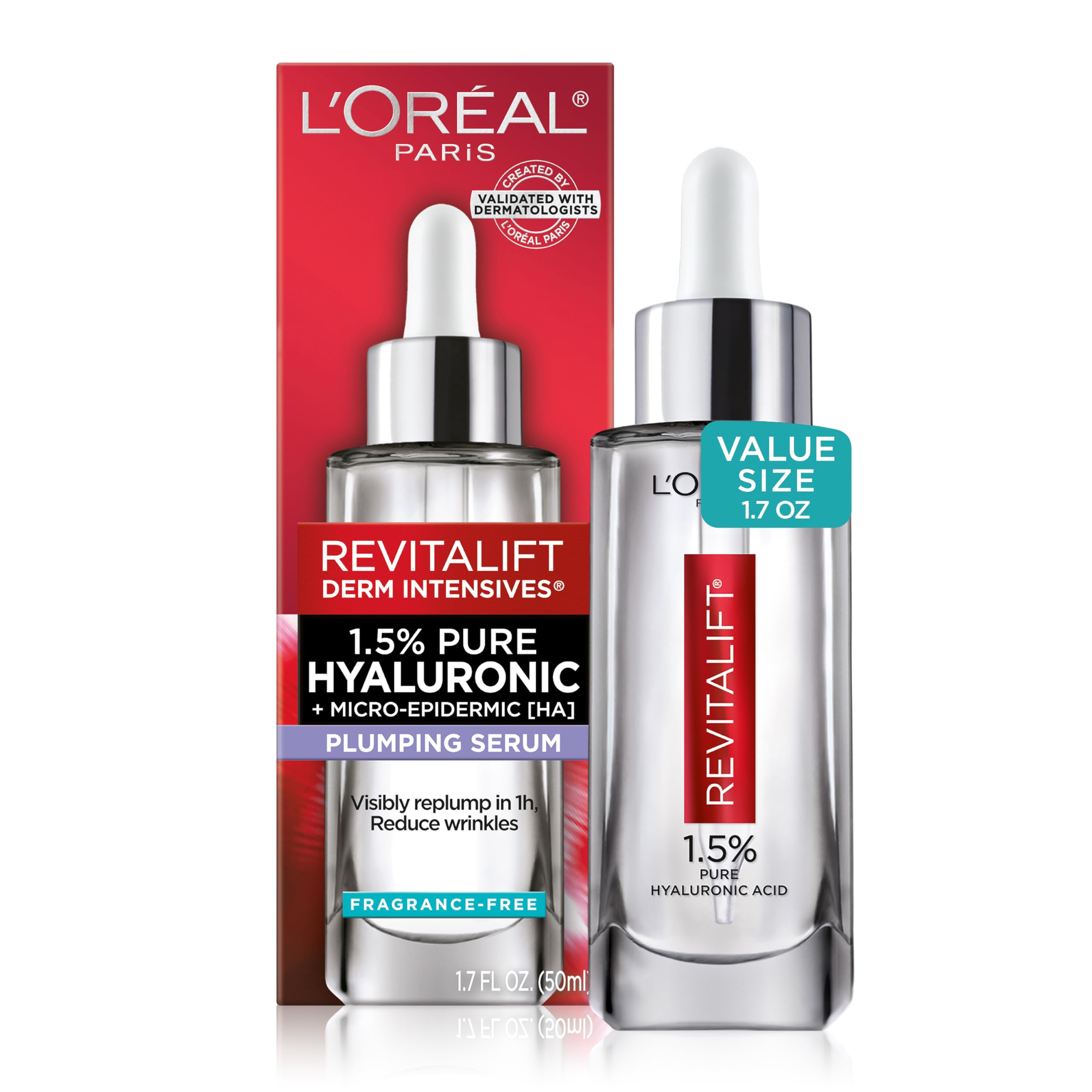 L'Oreal Paris Revitalift Derm Intensives 1.5% Pure Hyaluronic Acid Serum with Vitamin C - Anti-Aging Face Serum for Hydration, Moisturizing & Wrinkle Reduction, 1.7 Oz - Perfect for Daily Skincare Routine & Nighttime Skin Repair