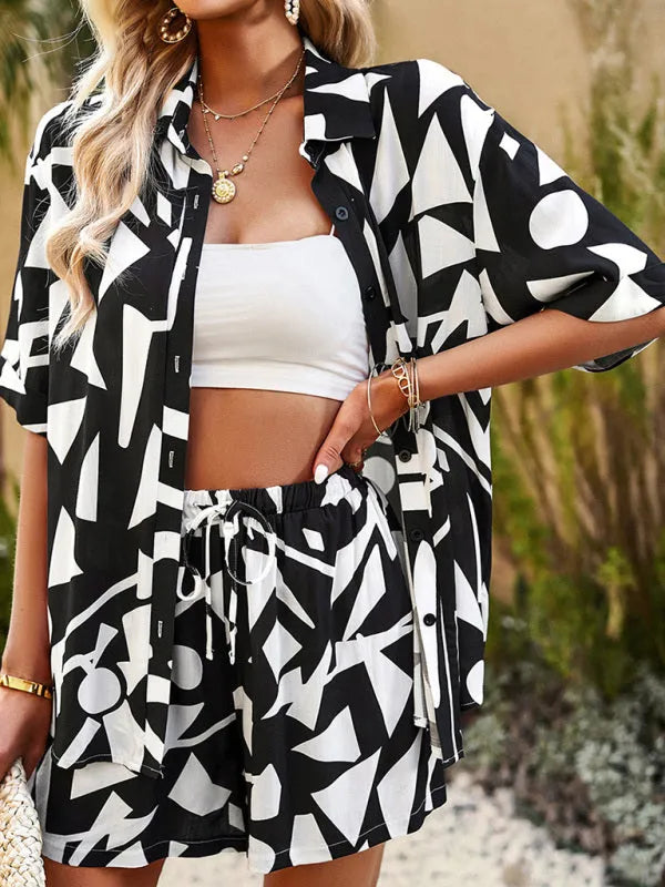 Stylish Women's Abstract Print Summer Shorts Set - Casual Outfit for Beach, Vacation & Everyday Wear