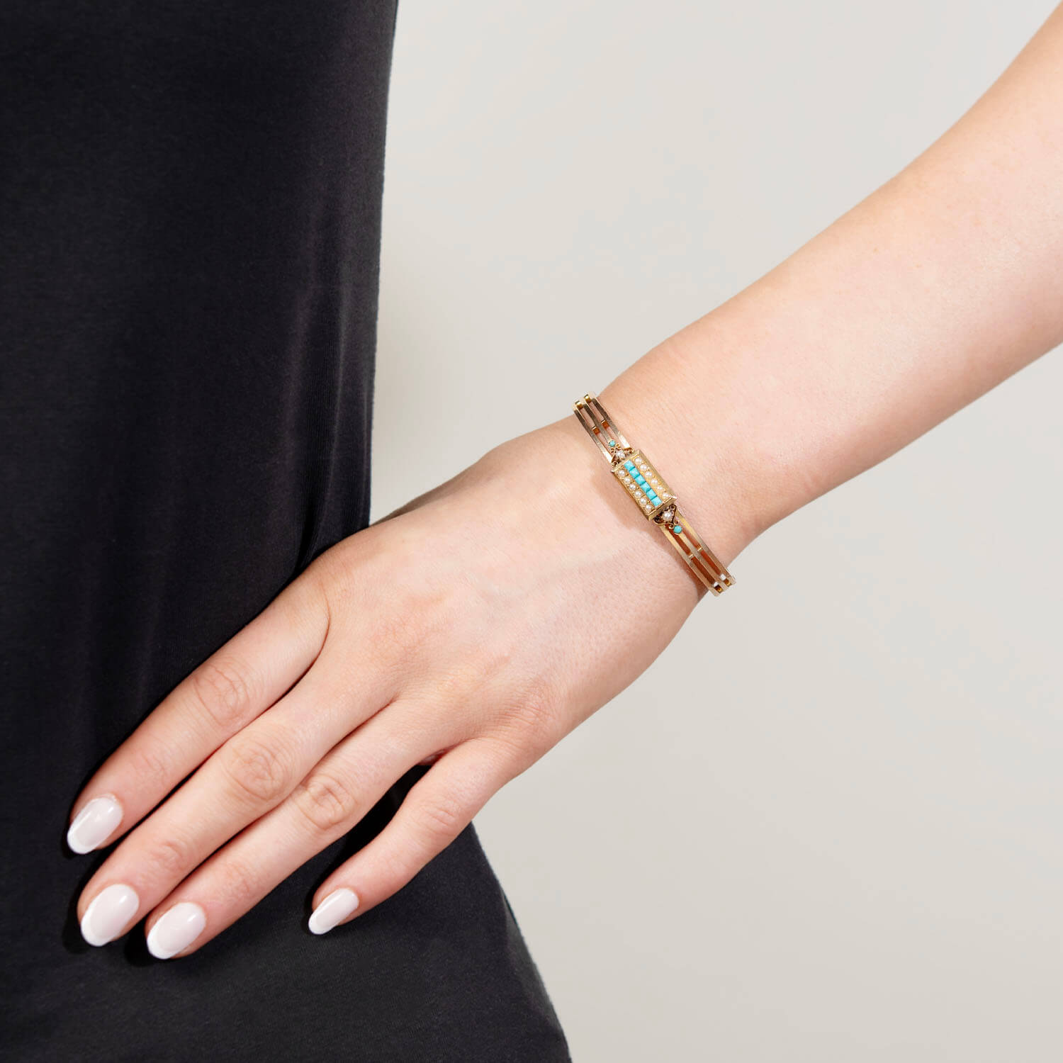 18K Gold Victorian French Turquoise Pearl Bangle Bracelet - Elegant Jewelry for Weddings, Parties & Special Occasions