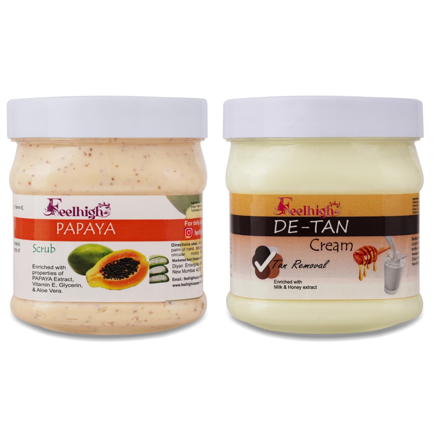Feelhigh Papaya Face & Body Scrub + De-Tan Cream Set - Natural Skin Brightening & Exfoliating for Glowing Skin - Perfect for Daily Skincare & Sun Tan Removal