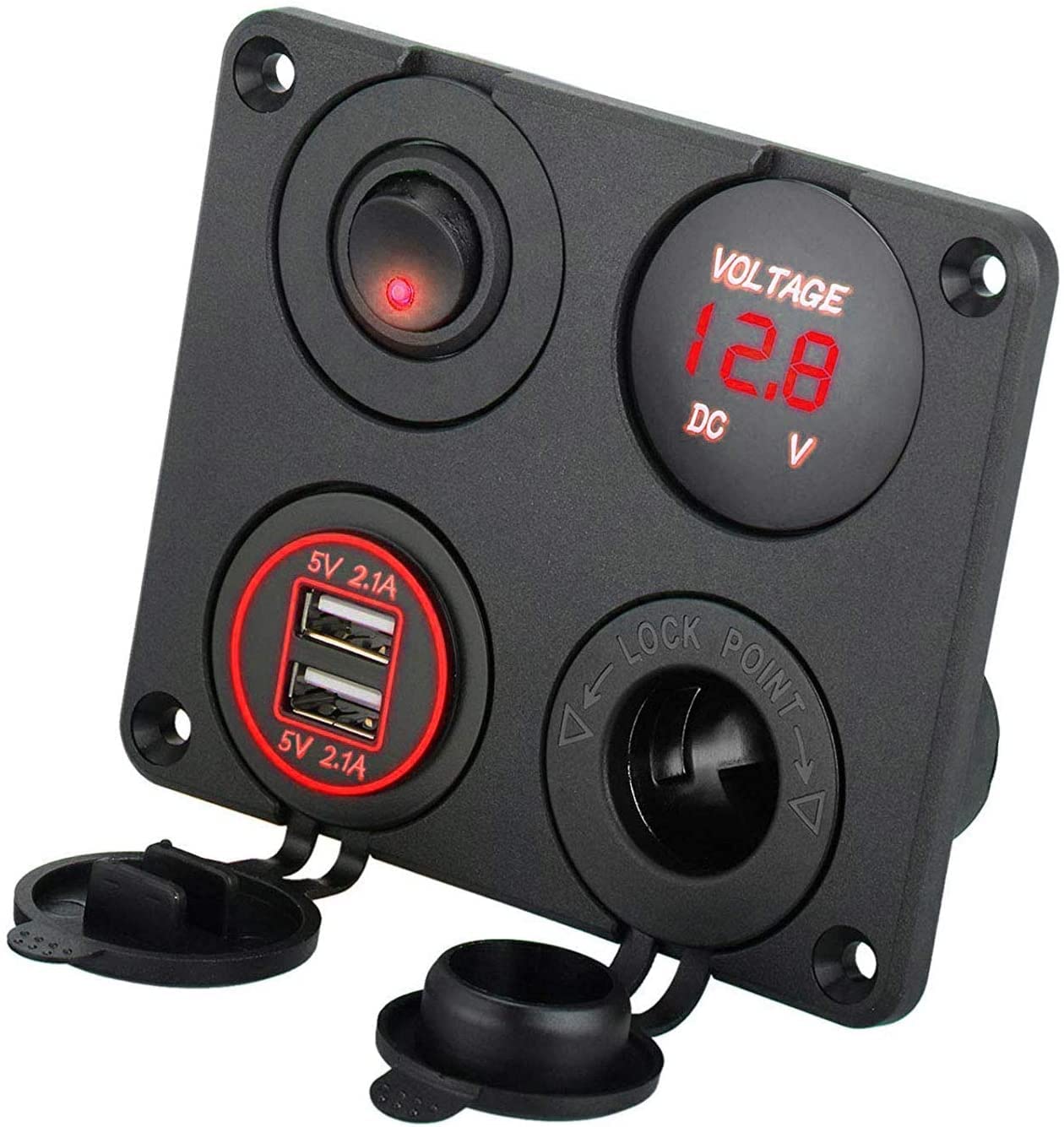 Linkstyle 4-in-1 12V Car Charger Panel with Dual USB Ports, Cigarette Lighter Socket, Red LED Voltmeter & ON/OFF Rocker Switch - Perfect for Cars, Marine Boats, RVs & Trucks