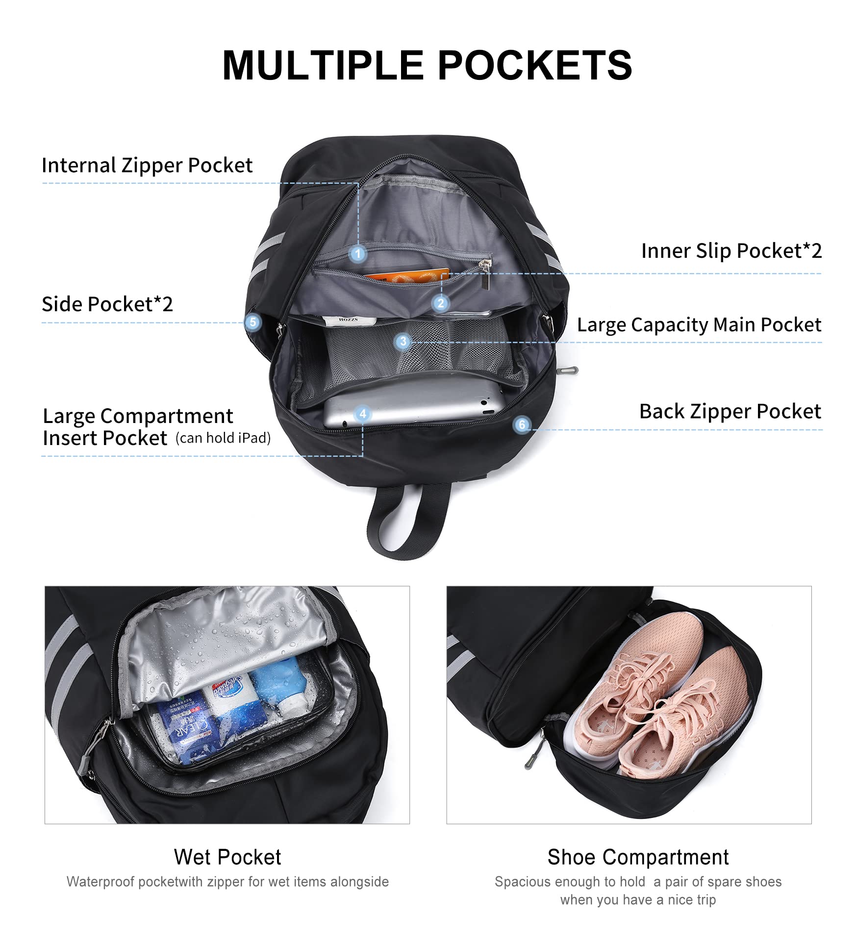 Best Gym Backpack for Women with Shoe Compartment & Wet Pocket - Large Waterproof Travel Backpack for Workout, Yoga & Fitness - Perfect for Gym, Work & Travel (Black)