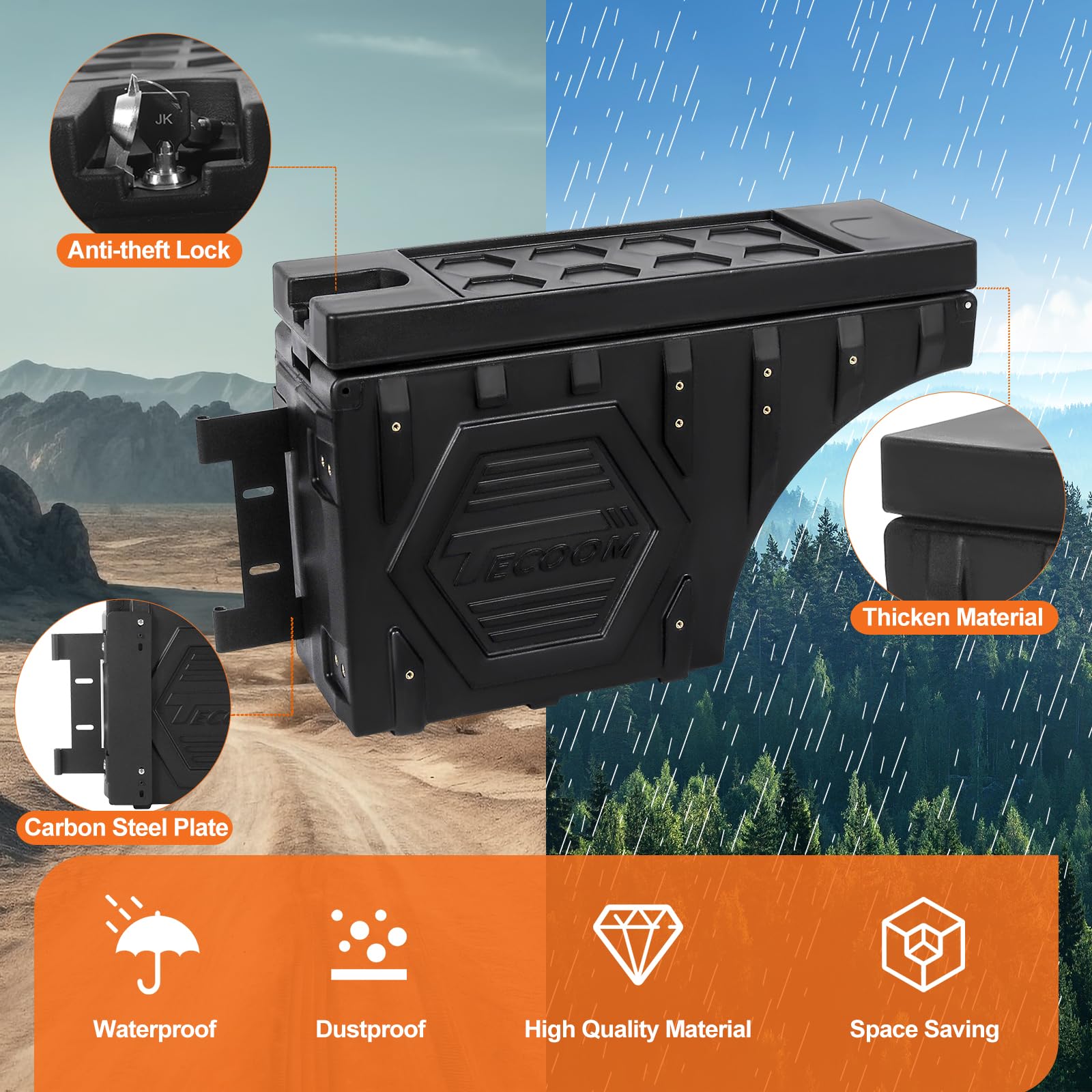 Tecoom 20L Universal Lockable Waterproof Truck Bed Storage Box - Double Layer Swing Tool Organizer for Driver & Passenger Side - Heavy Duty Truck Trunk Organizer (Black, 1PC) | Perfect for Pickup Truck Accessories & Off-Road Storage Solutions