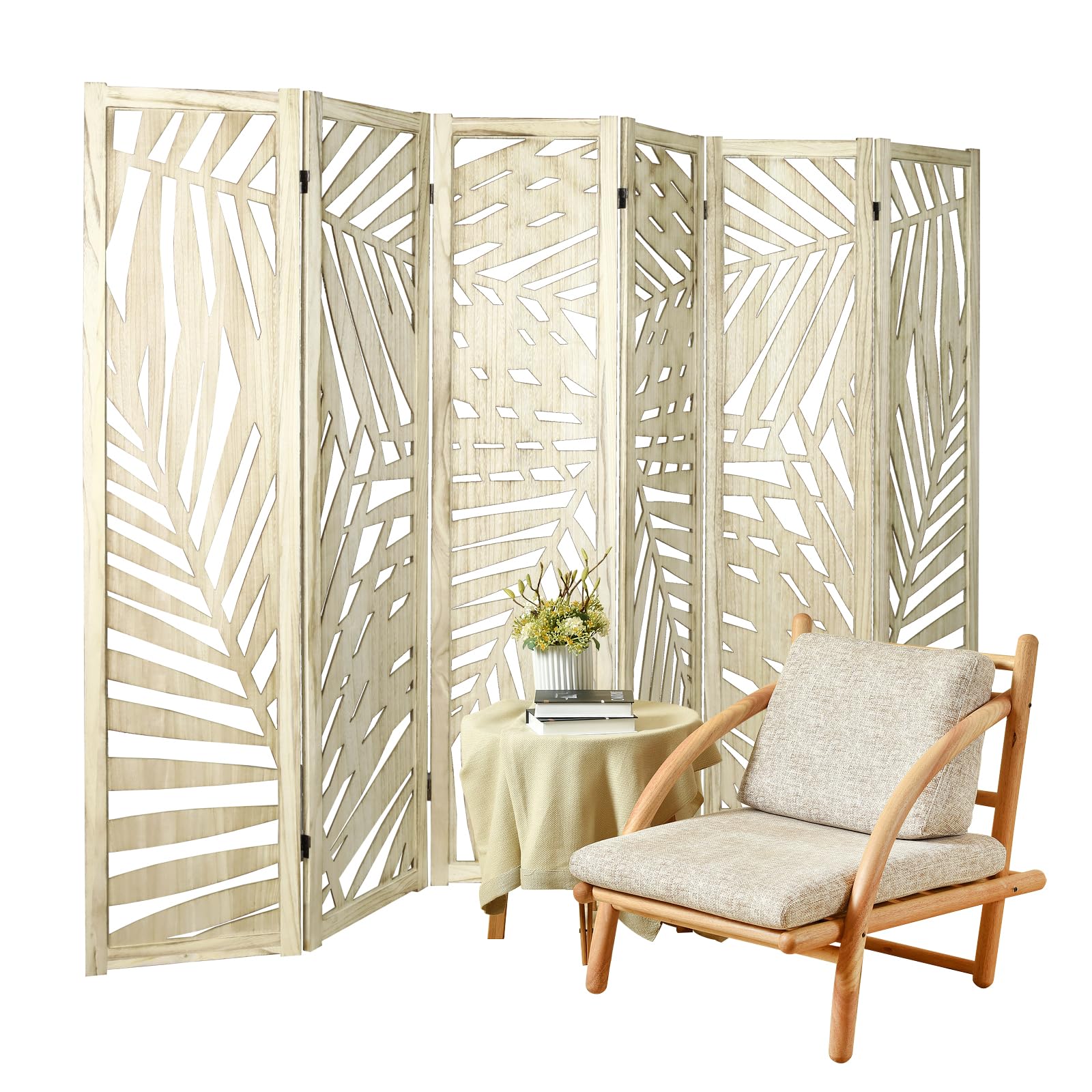 ECOMEX 6-Panel Wooden Room Divider - 5.6Ft Fully Assembled Folding Screen with Carved Cutout Design | Home Office Partition, Bedroom Privacy Screen, Restaurant Decor (Wood Color) - Perfect for Space Division & Stylish Interior Decor