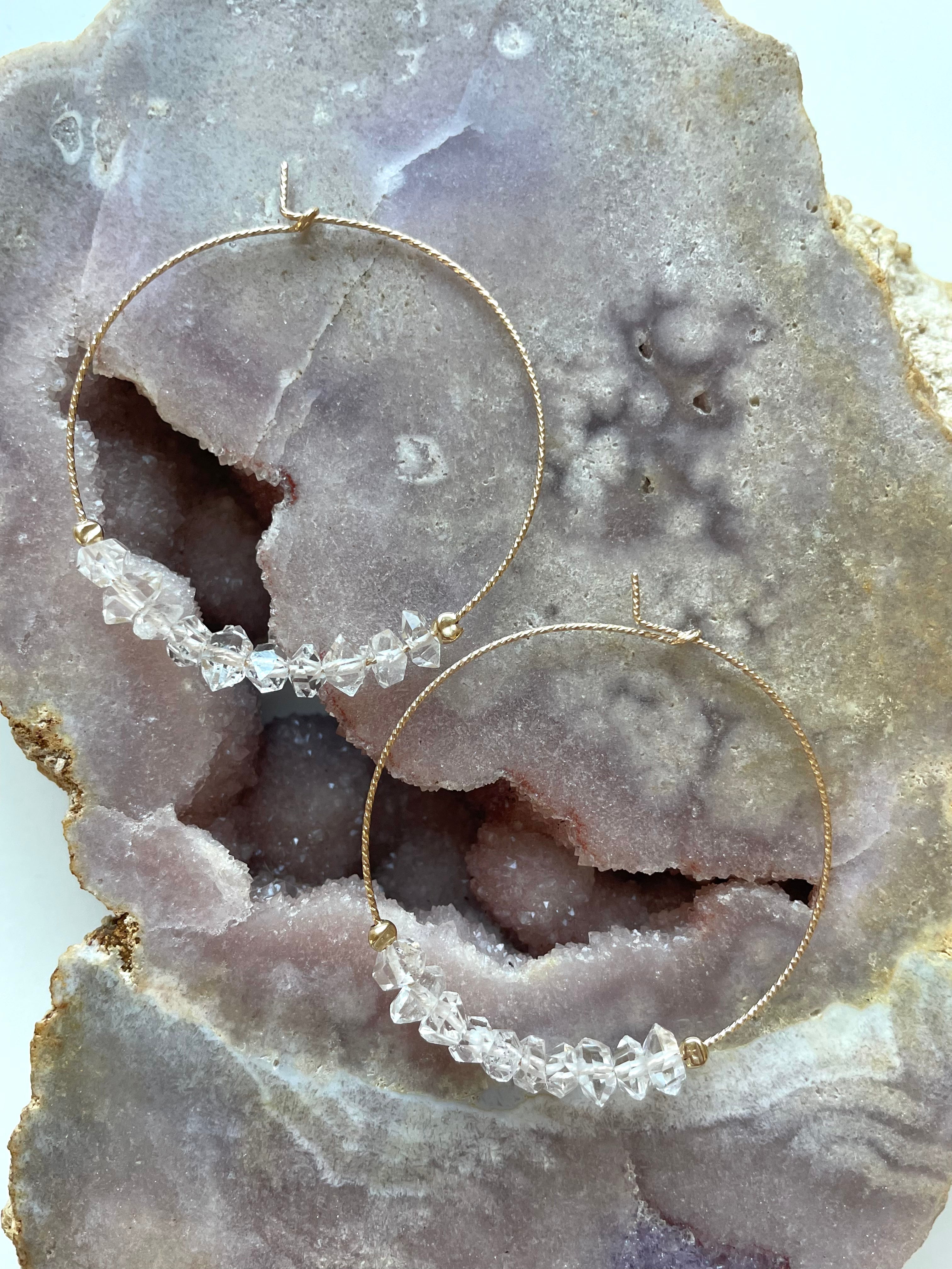 Stylish Thin Herkimer Diamond Hoops Earrings for Women - 14K Gold Plated Minimalist Dainty Studs - Perfect for Everyday Wear, Office & Special Occasions