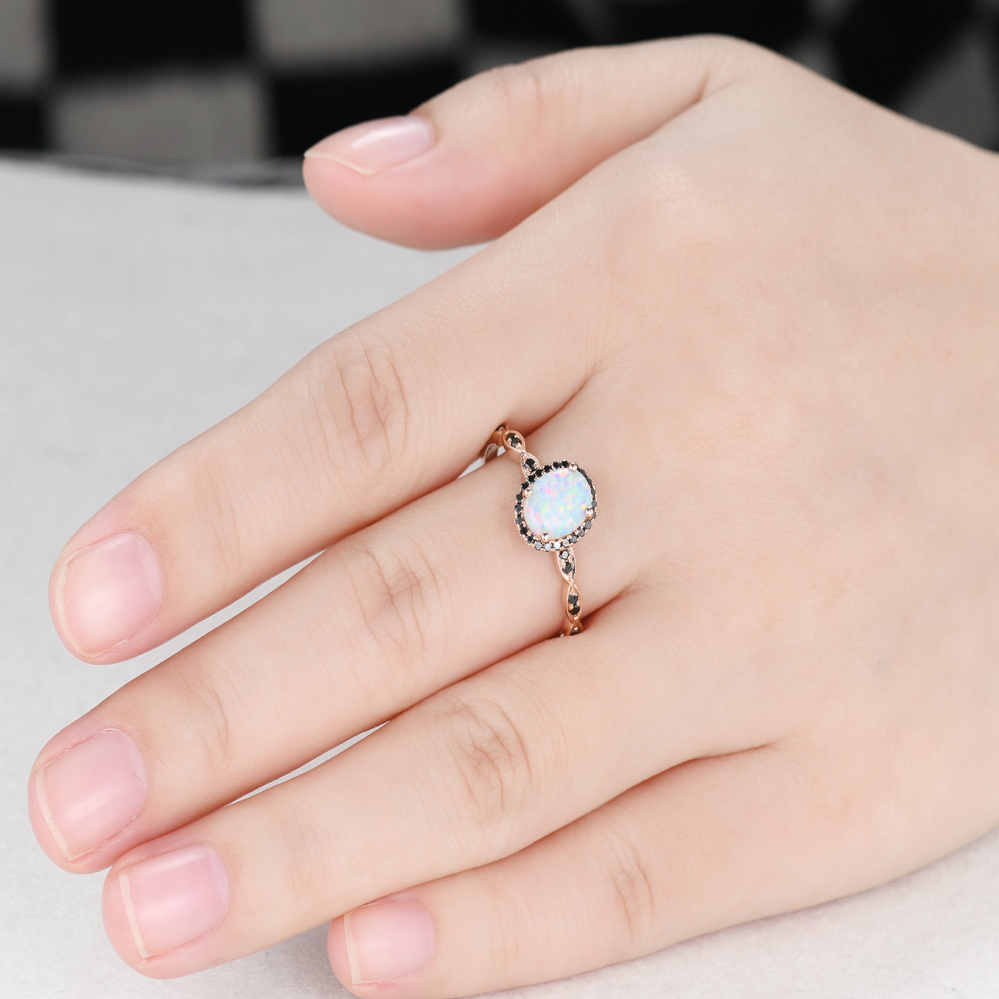 Exquisite Art Deco Opal & Black Diamond Engagement Ring in Rose Gold with Milgrain Detailing - Perfect for Vintage-Inspired Wedding Proposals & Anniversary Gifts