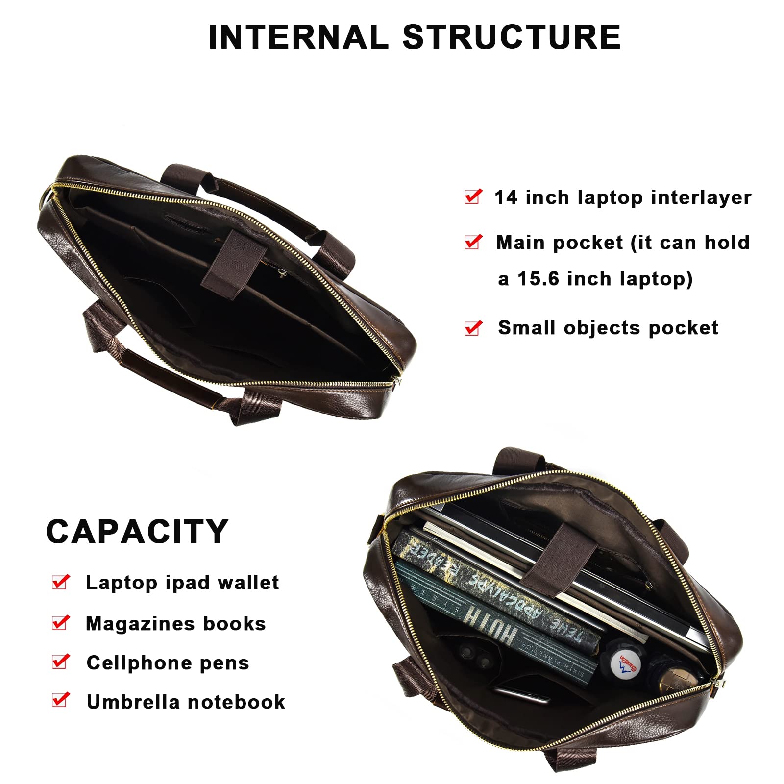 Premium Genuine Leather Briefcase for Men - 15.6 Inch Business Laptop Bag with Adjustable Shoulder Strap - Professional Work & Travel Handbag for Office, Commuting & Business Trips