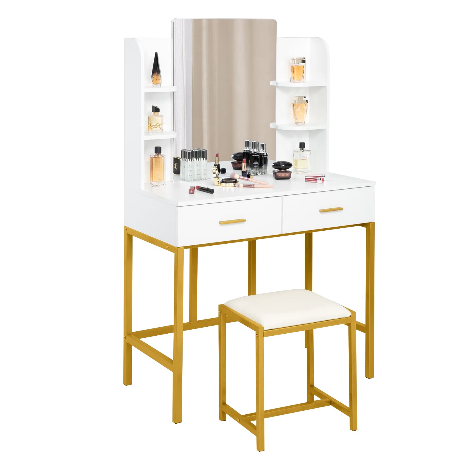 VINGLI Modern White Vanity Set with Mirror & Stools - Makeup Dressing Table with 2 Drawers & Storage Shelves for Bedroom, Perfect for Women & Girls (White) | Ideal for Makeup Organization, Beauty Routine & Small Space Decor