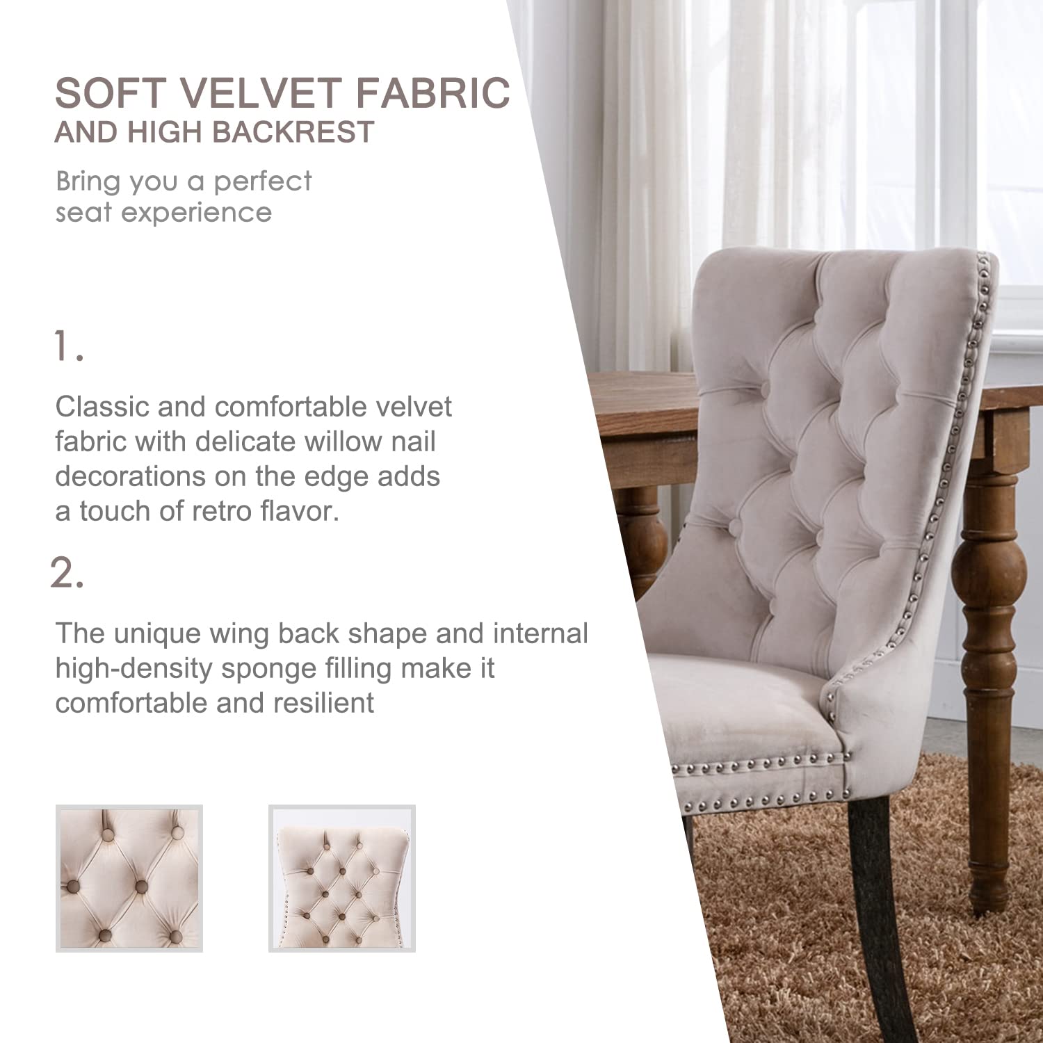 Luxury Velvet Dining Chairs Set of 2 - Tufted Button Back Upholstered Chairs with Elegant Nailhead Trim - Perfect for Kitchen, Dining Room, Bedroom or Restaurant Decor (Beige) - Ideal for Home Entertaining, Wedding Decor & Cafe Seating