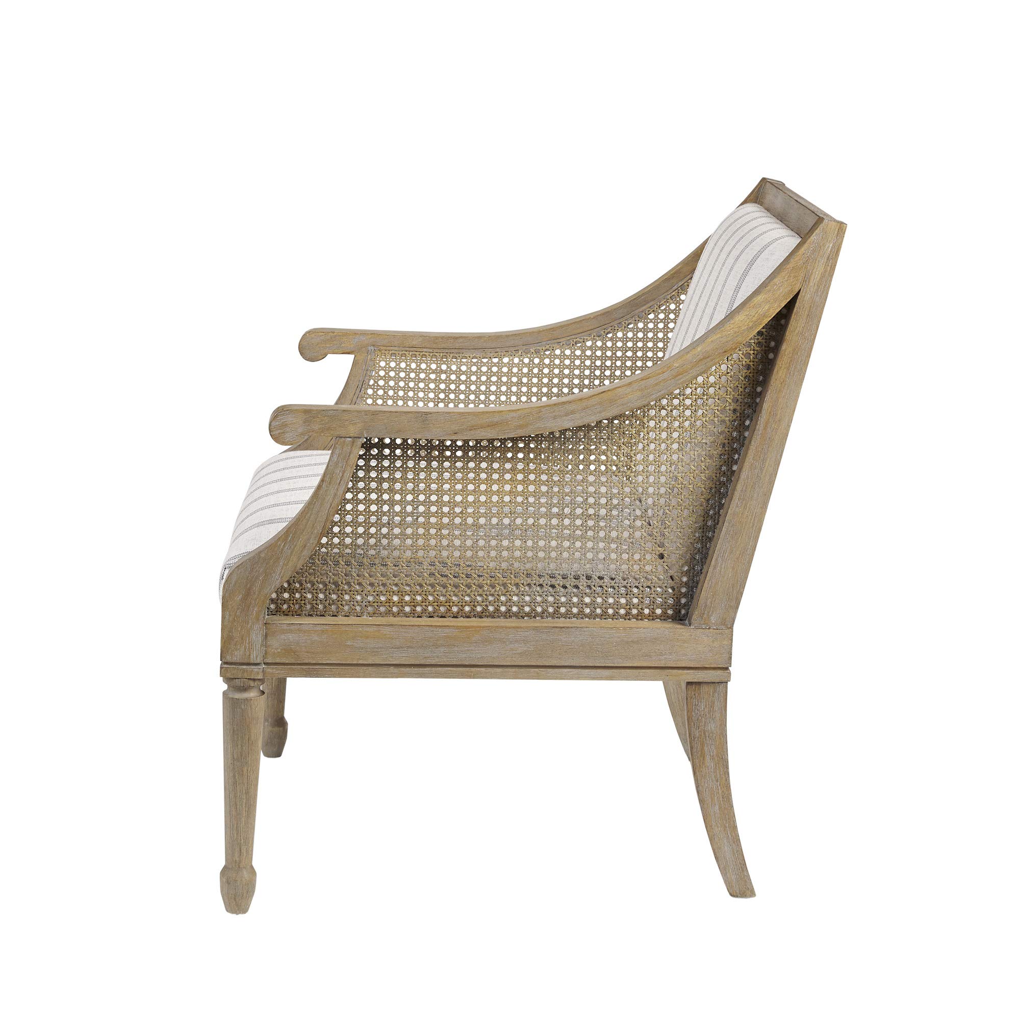 Solid Wood Frame Cane Webbed Accent Chair with Swoop Track Arms & Turned Legs - Farmhouse, Coastal, Cottage Style Deep Seating Lounge Chair for Living Room, Bedroom, or Sunroom - Reclaimed Wood Beige Finish