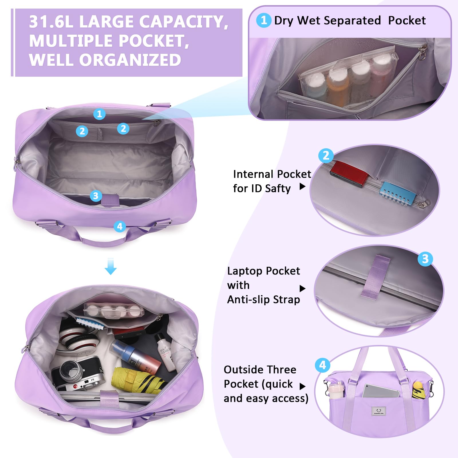 Best Gym Bag for Women - Large Travel Duffel Bag with Trolley Sleeve, Waterproof Weekender Overnight Bag, Carry On Tote & Dance Bag for Workouts, Yoga, Travel & Sports