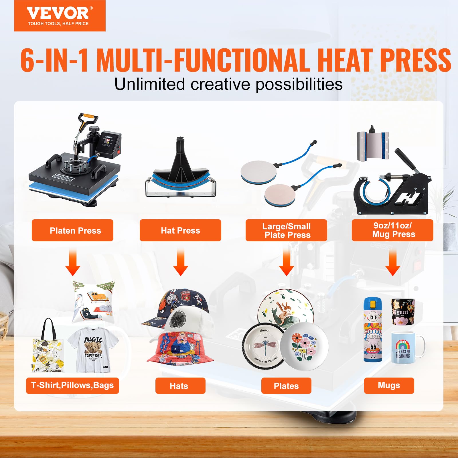 VEVOR 15x15 Inch 6-in-1 Heat Press Machine with Digital Display & 360° Swing Away - Professional T-Shirt Printing, Sublimation for Hats, Mugs, Plates & Caps - Perfect for DIY Crafts, Small Business & Custom Apparel Projects