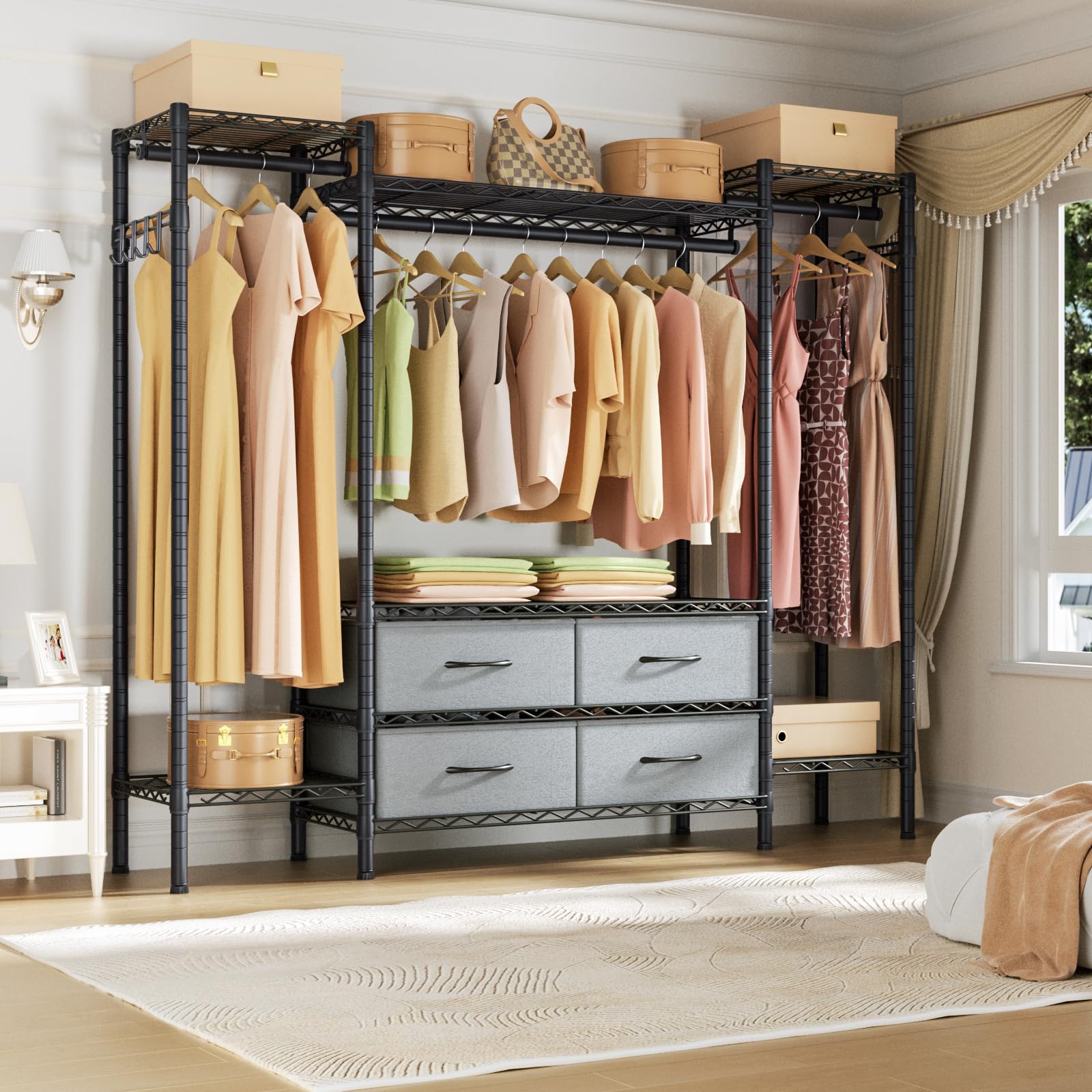Heavy Duty Large Garment Rack - Freestanding Closet with 8 Adjustable Wire Shelves, 3 Hanging Rods & 4 Fabric Drawers - Portable Clothing Storage Wardrobe (Max Load 900lbs) - Perfect for Home Organization, Bedroom Closet, Laundry Room & Commercial Use