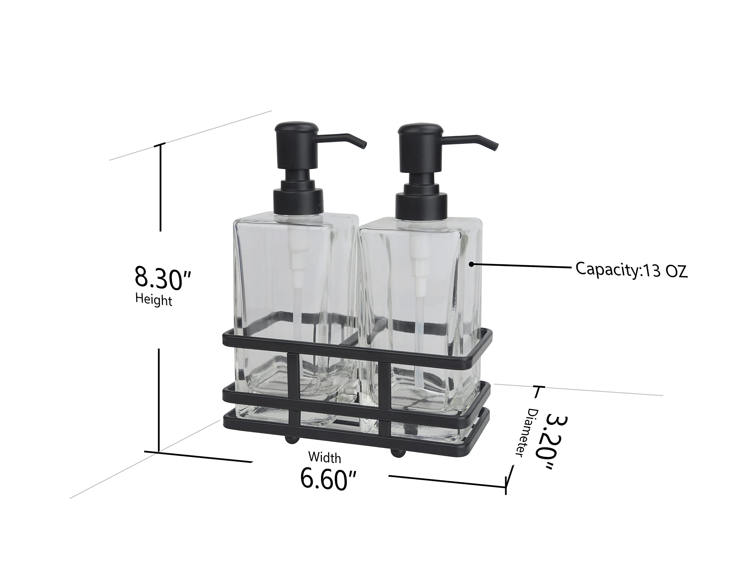 Premium Matte Black Square Glass Soap & Lotion Dispenser Set with Metal Stand - Heavy Duty Handcrafted Bathroom Organizer for Sink Counter, Kitchen, Hotel & Travel Use