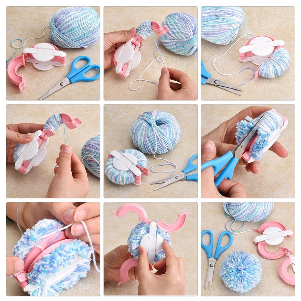 Pom Pom Maker Kit with 4 Pompom Makers, 12 Acrylic Yarn Skeins, 10 Knitting Stitch Markers, 10 Plastic Needles & Scissors - DIY Craft Supplies for Knitting, Crochet, Home Decor & Gift Making