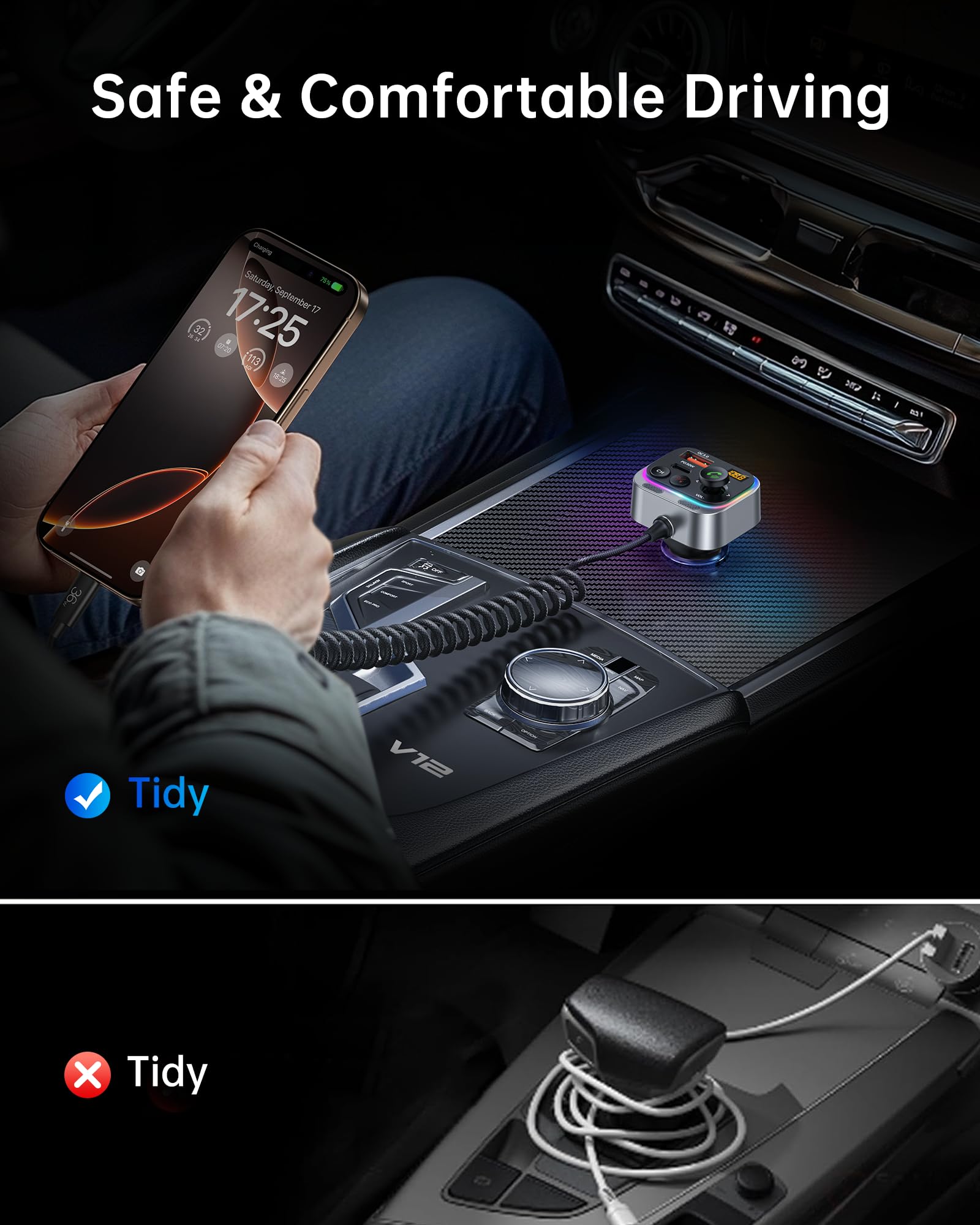 Syncwire Bluetooth 5.4 FM Transmitter Car Adapter - 66W PD & QC 3.0 Fast Charging with USB-C Cable - Wireless Radio Adapter with LED Light Control, HiFi Bass, Hands-Free Calling & Noise-Canceling Mics - Perfect for Road Trips, Commuting & In-Car Entertainment